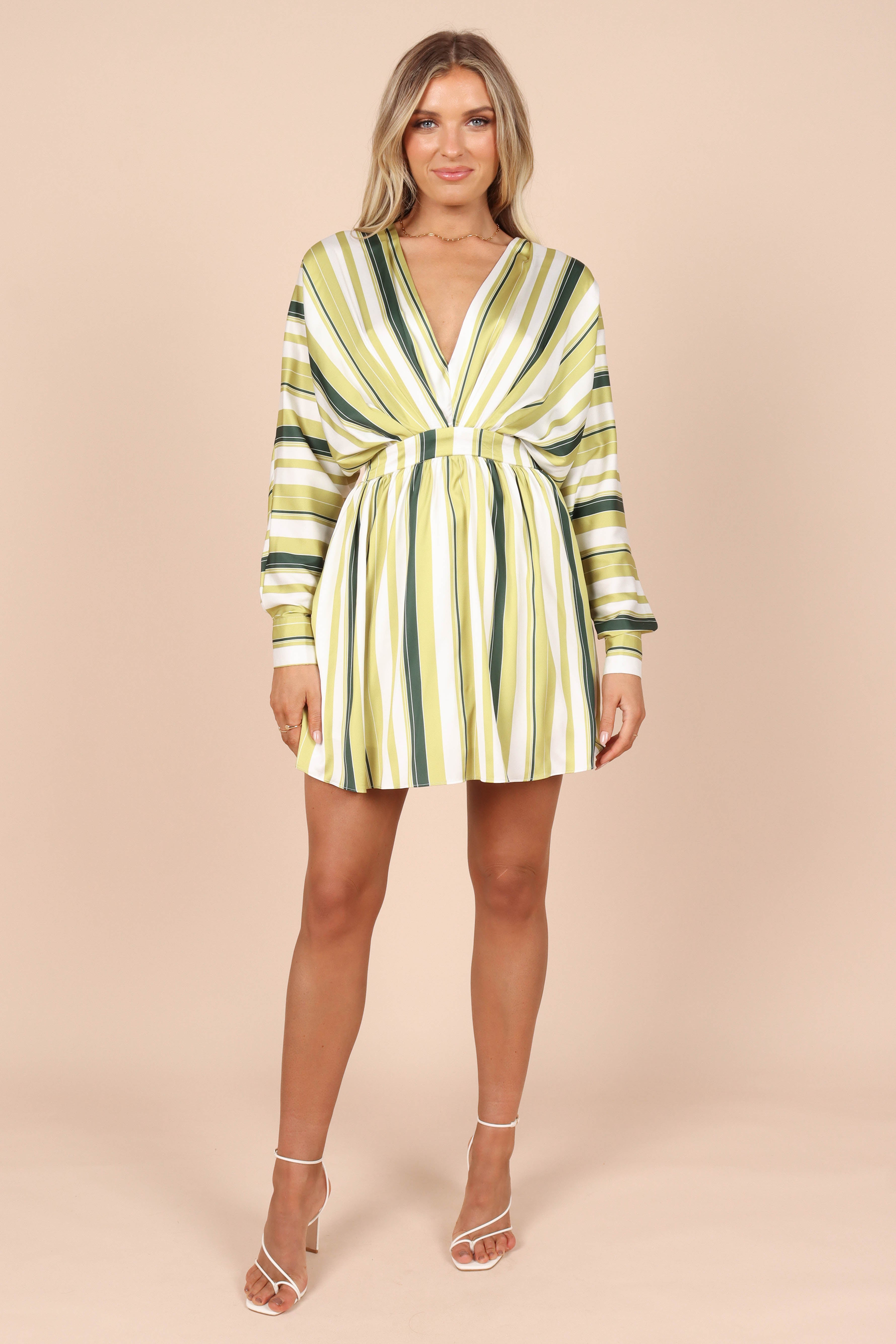 DRESSES @Veronica Long Sleeve Mini Dress - Green Stripe