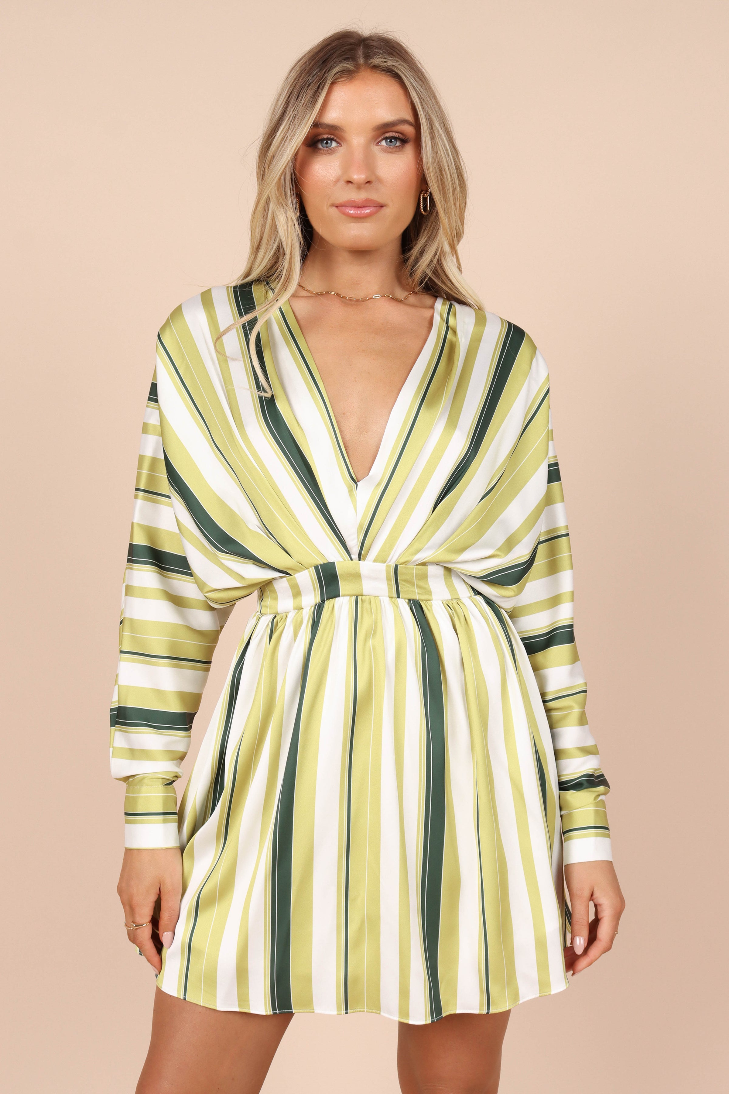 DRESSES @Veronica Long Sleeve Mini Dress - Green Stripe