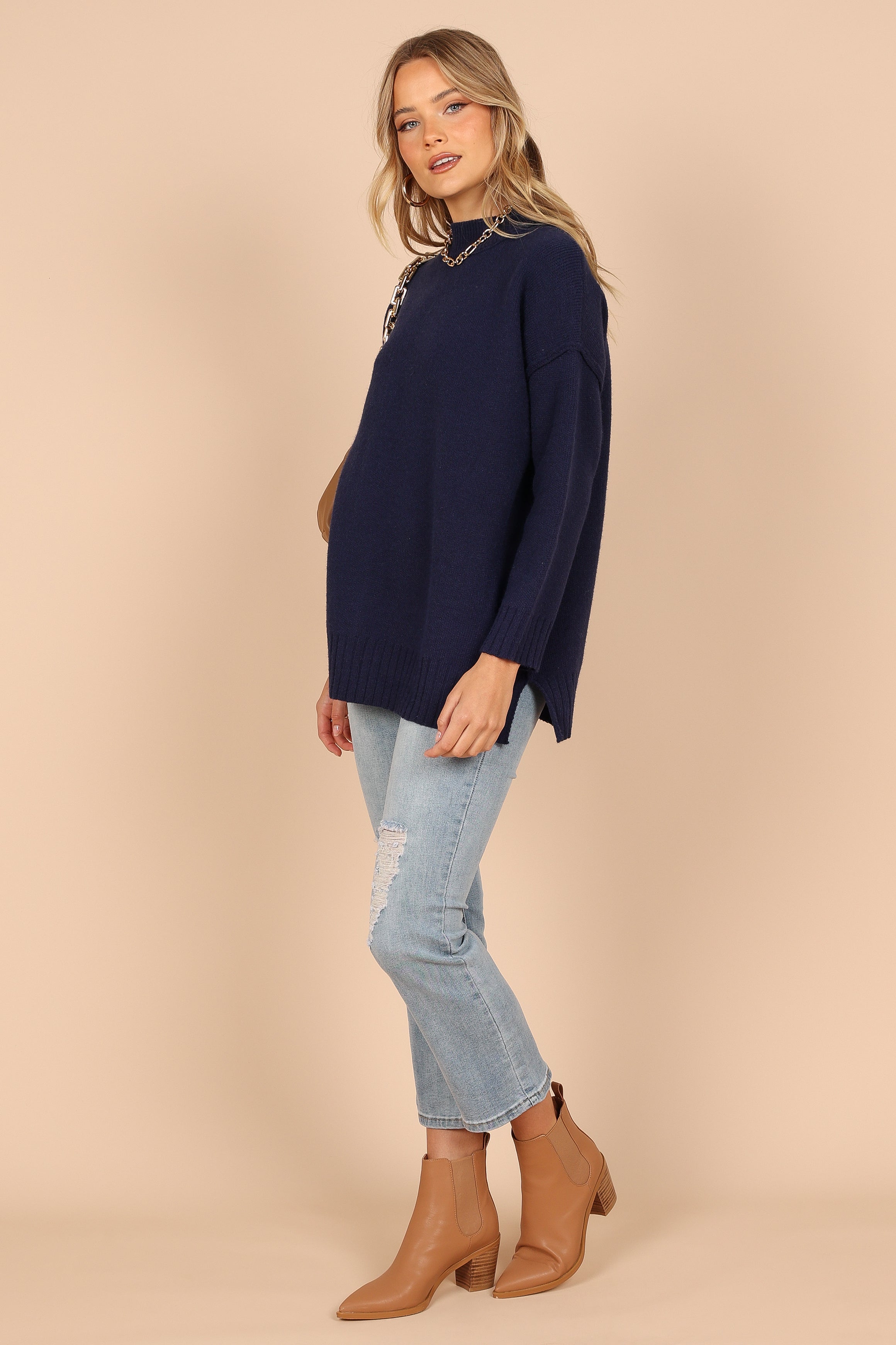 KNITWEAR @Alisa Mockneck Knit Sweater - Navy