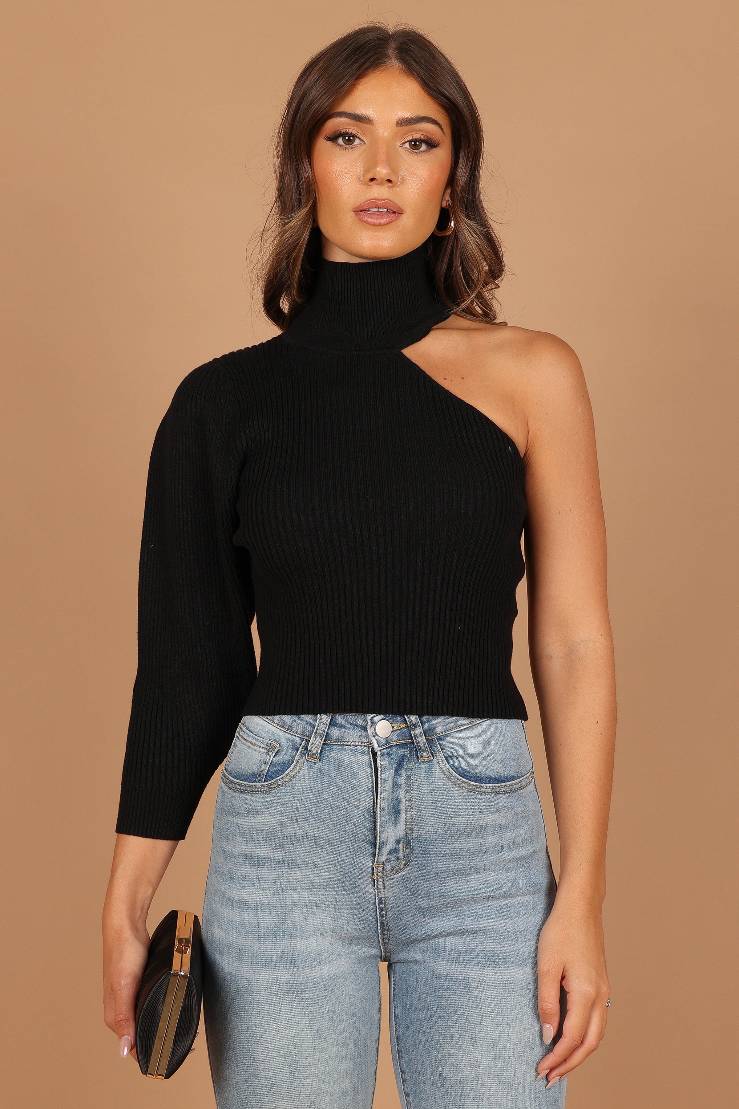 KNITWEAR @Drew One Shoulder Knit Sweater - Black