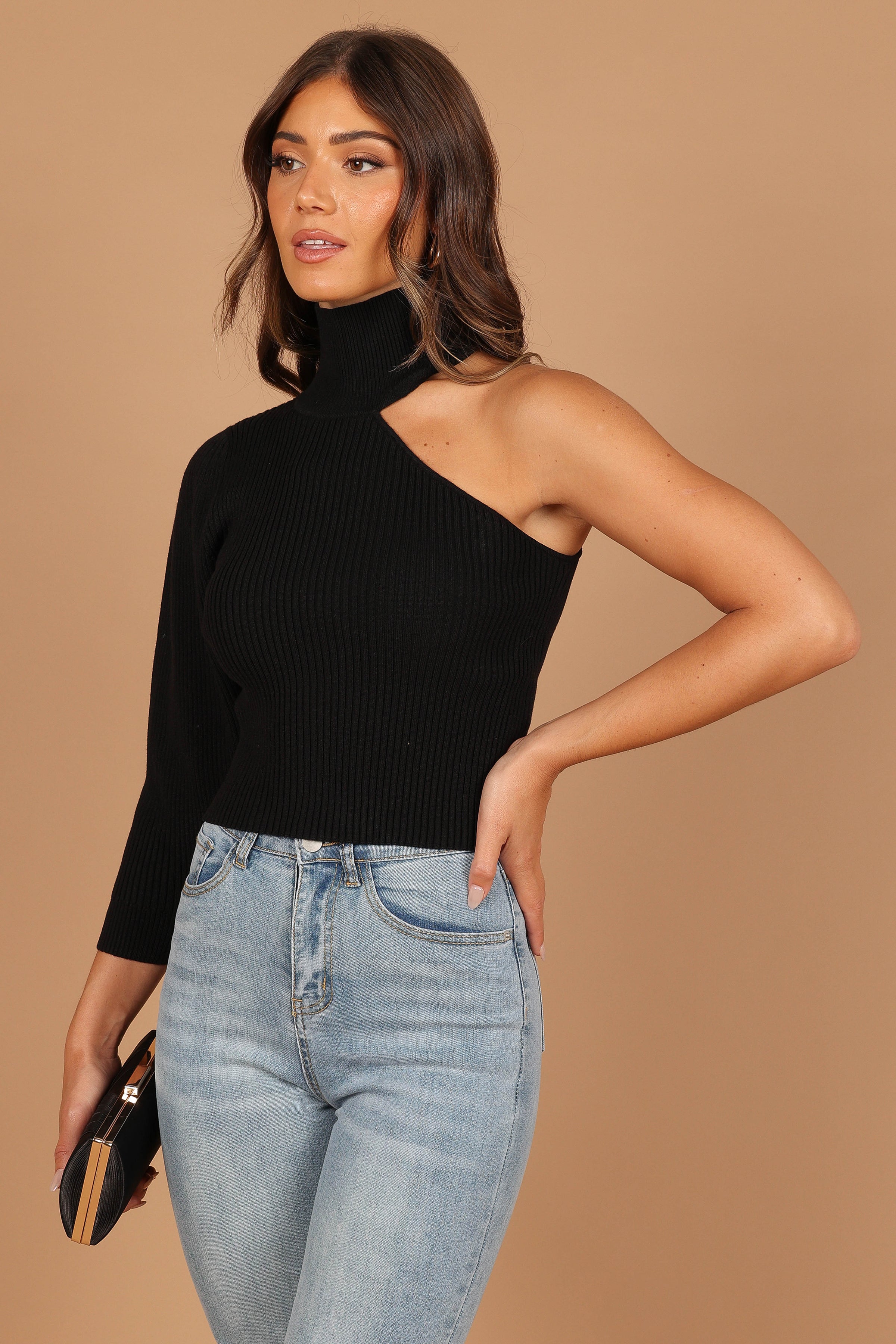 KNITWEAR @Drew One Shoulder Knit Sweater - Black