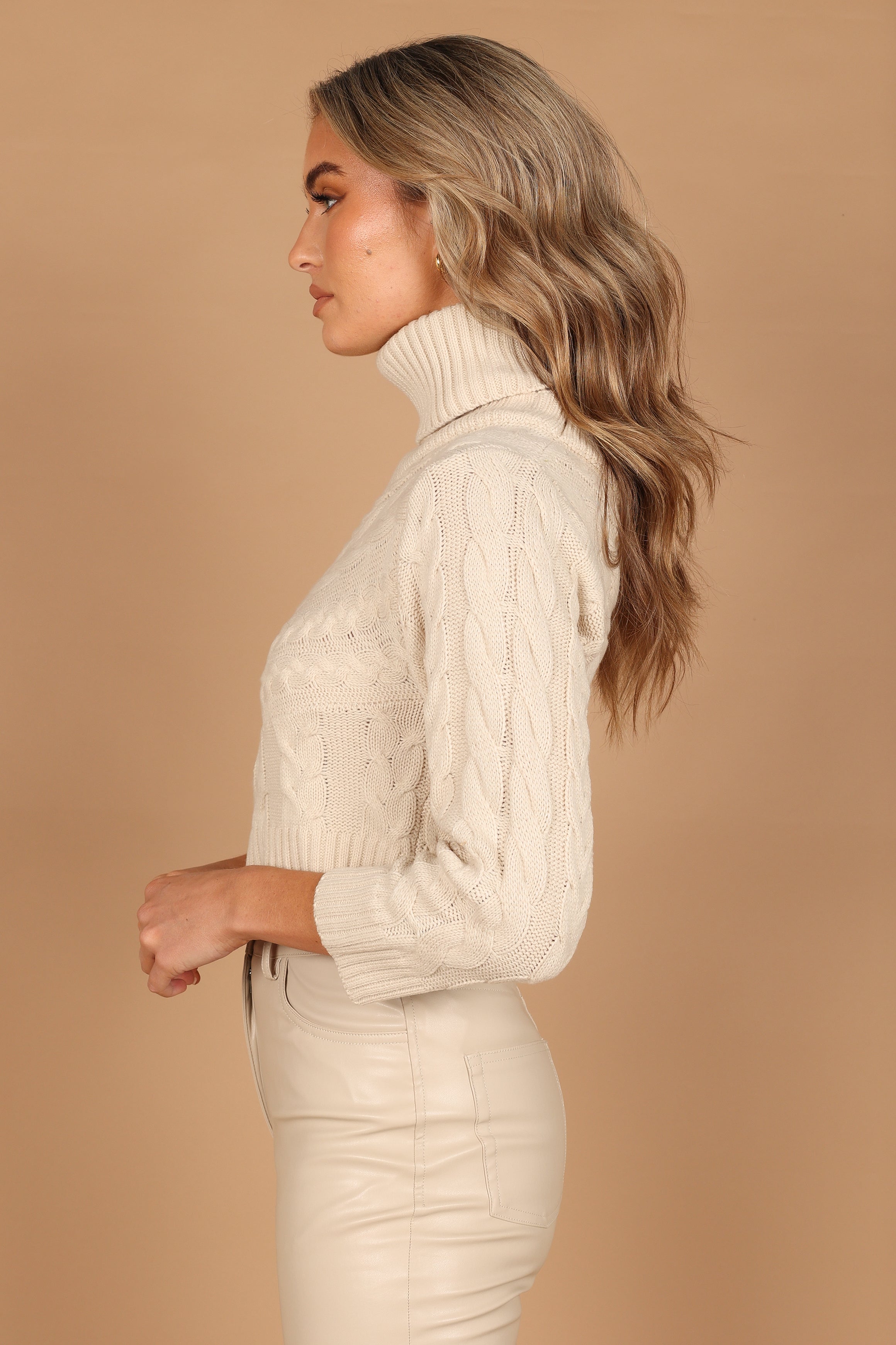 KNITWEAR @Goldie Turtleneck One-Shoulder Cut-Out Knit Sweater - Beige