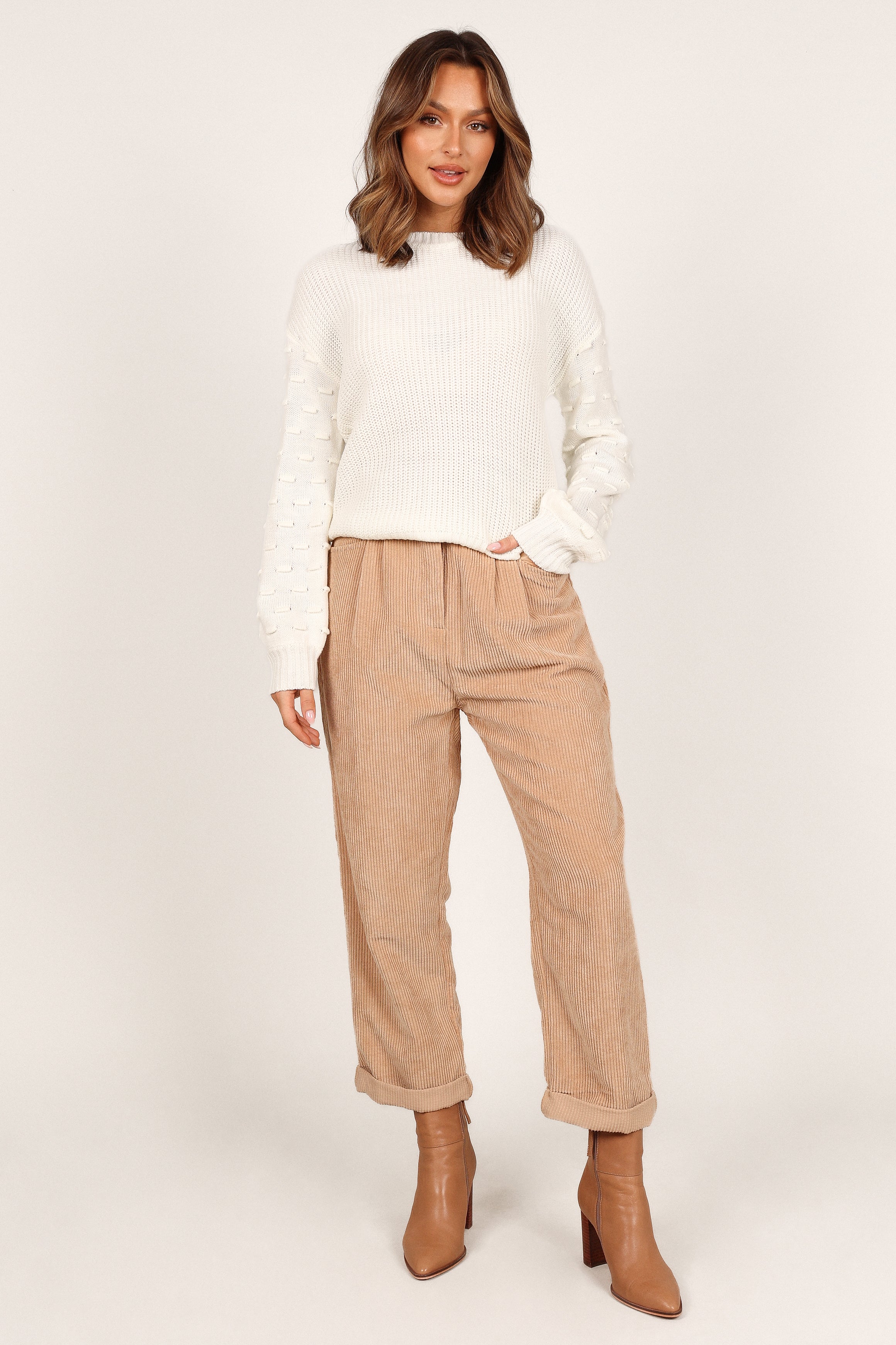 KNITWEAR Katrina Textured Sleeve Crewneck Knit Sweater - White