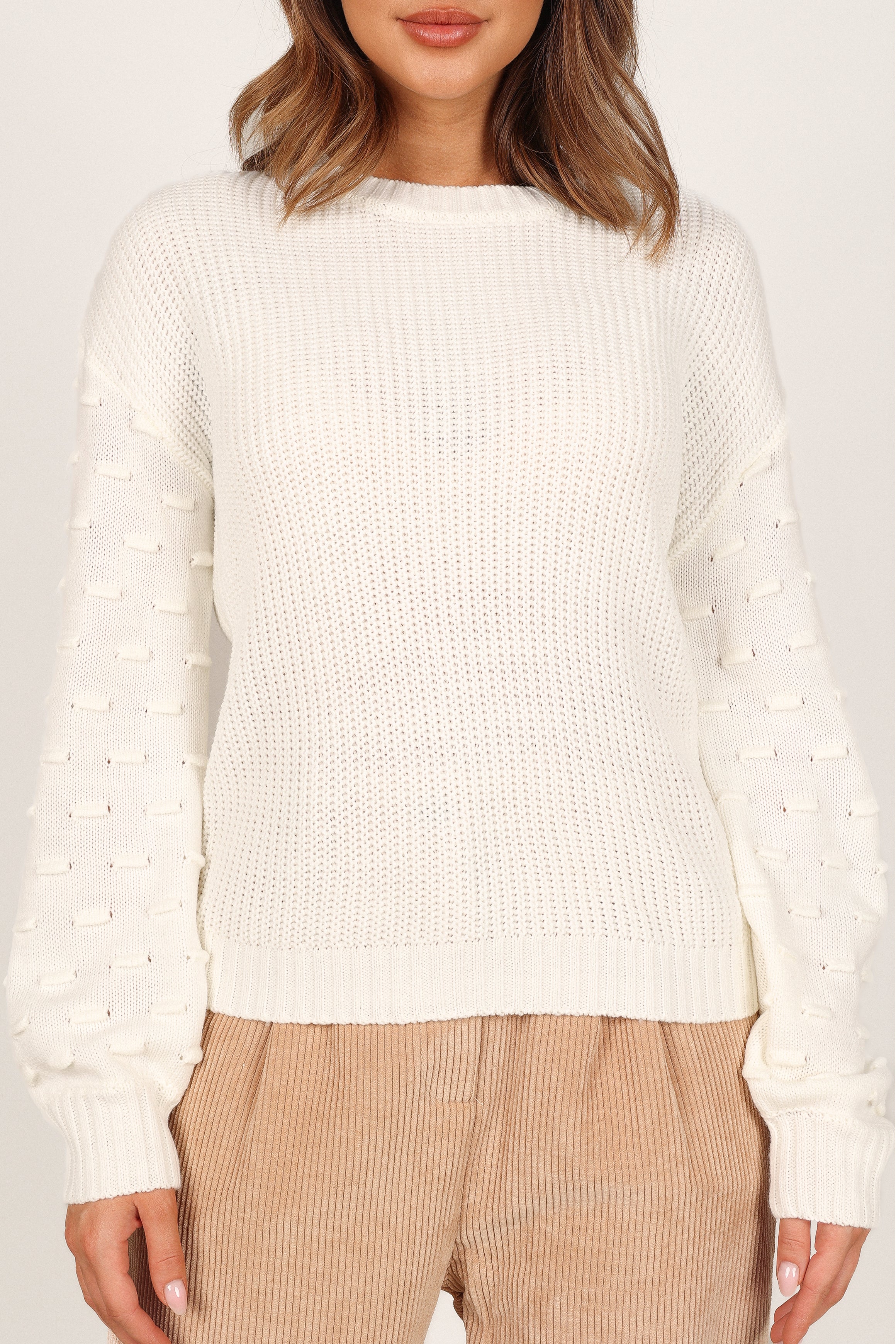 KNITWEAR Katrina Textured Sleeve Crewneck Knit Sweater - White