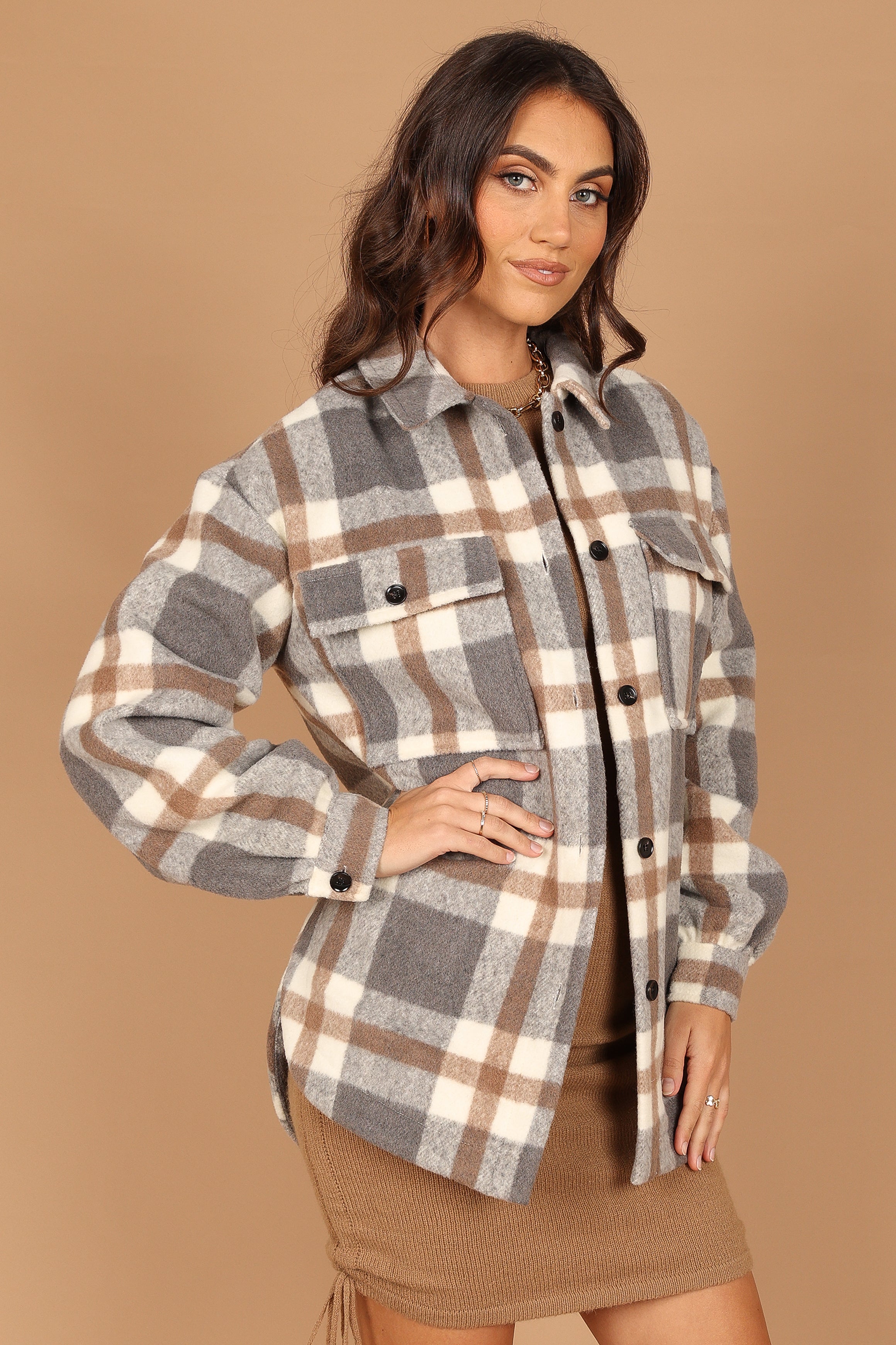 Outerwear @Alex Double-Breasted Pocket Shacket - Grey Check