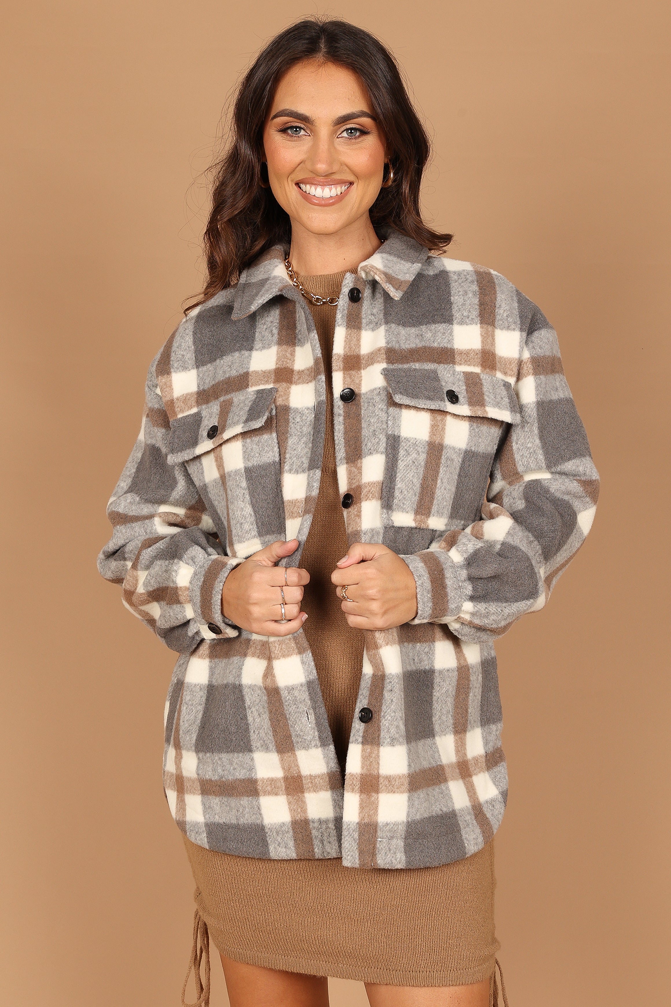 Outerwear @Alex Double-Breasted Pocket Shacket - Grey Check
