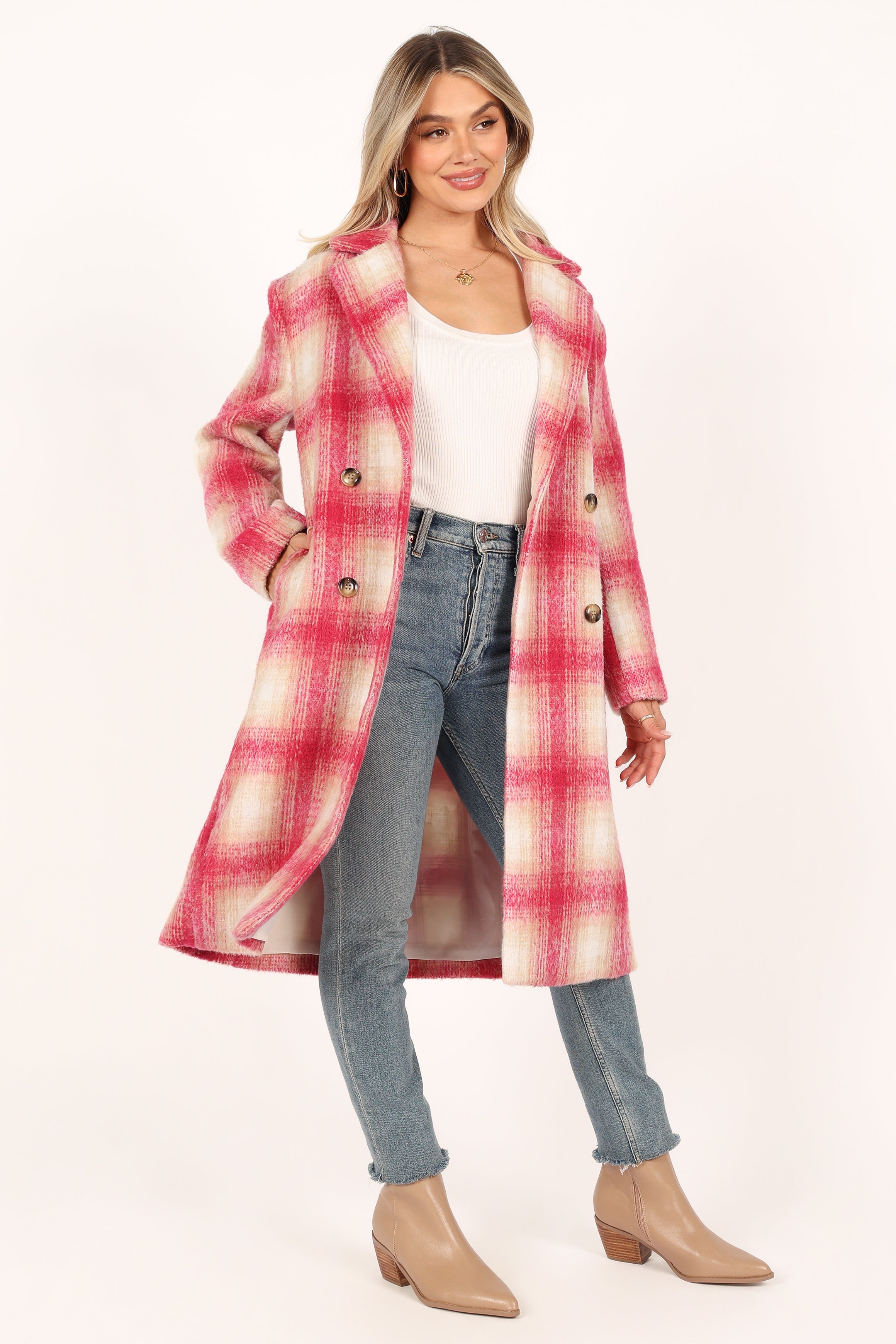 OUTERWEAR @Gianna Button Front Plaid Long Coat - Pink