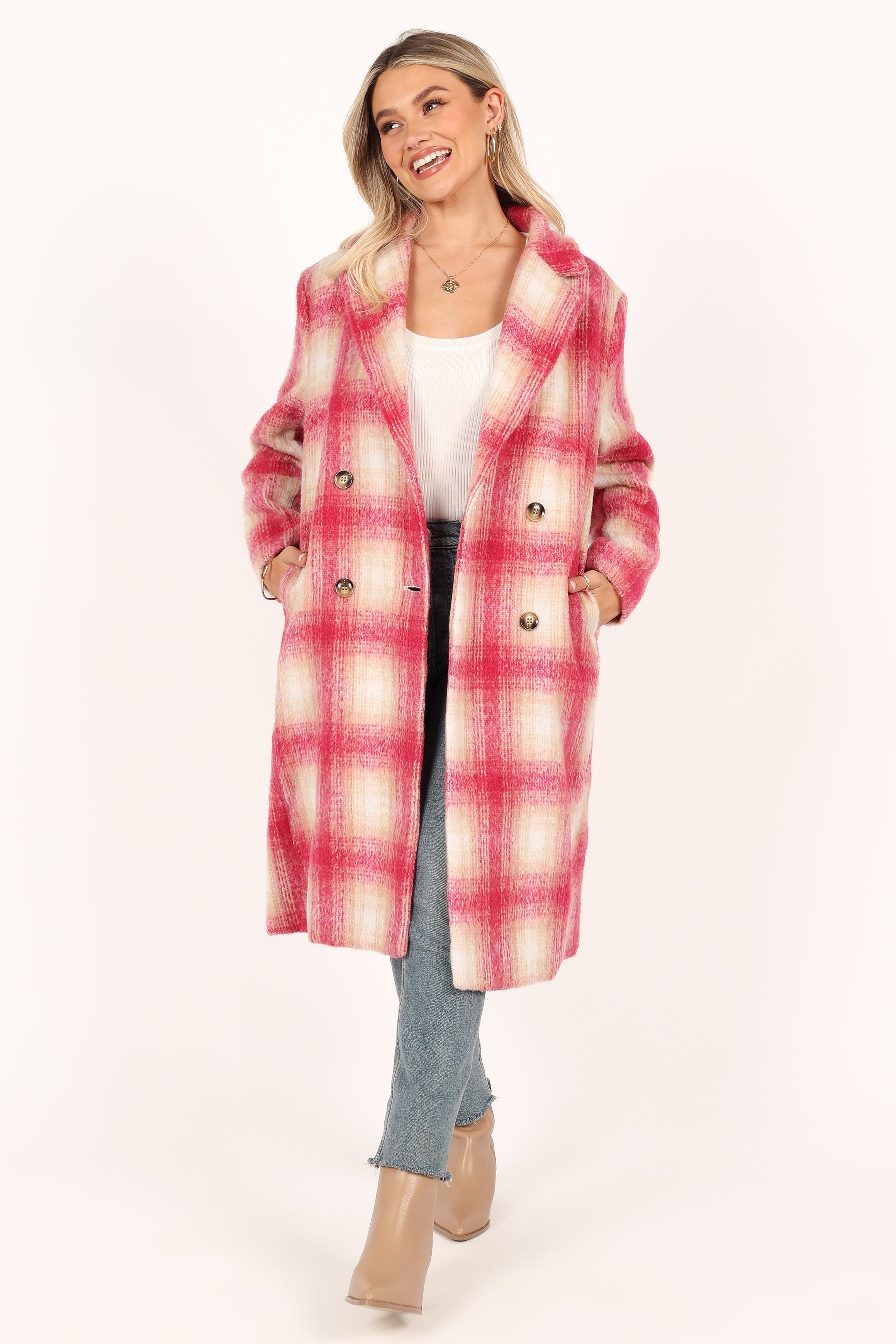 OUTERWEAR @Gianna Button Front Plaid Long Coat - Pink