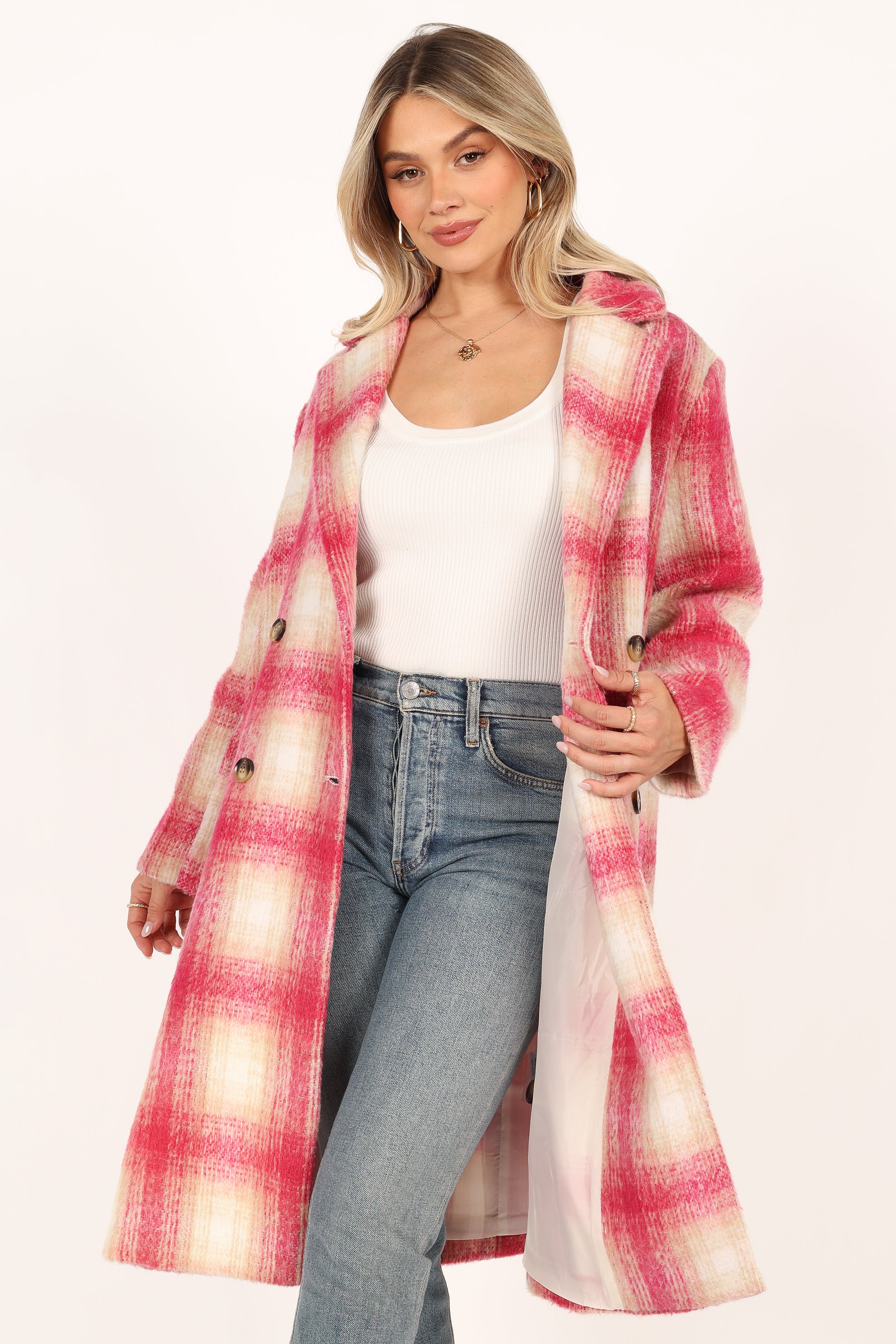 OUTERWEAR @Gianna Button Front Plaid Long Coat - Pink