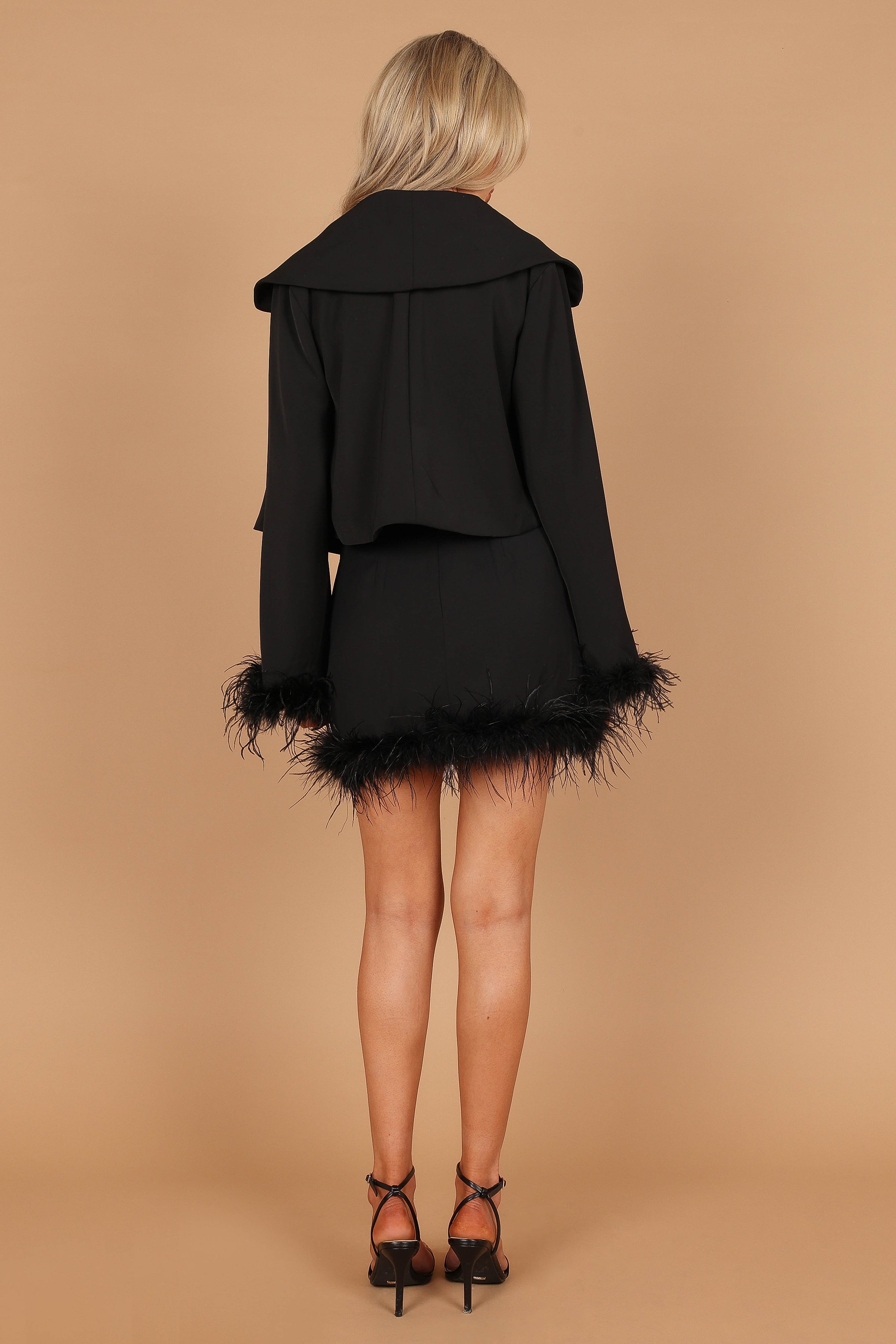 Outerwear @Isla Satin Feather Sleeve Crop Jacket - Black