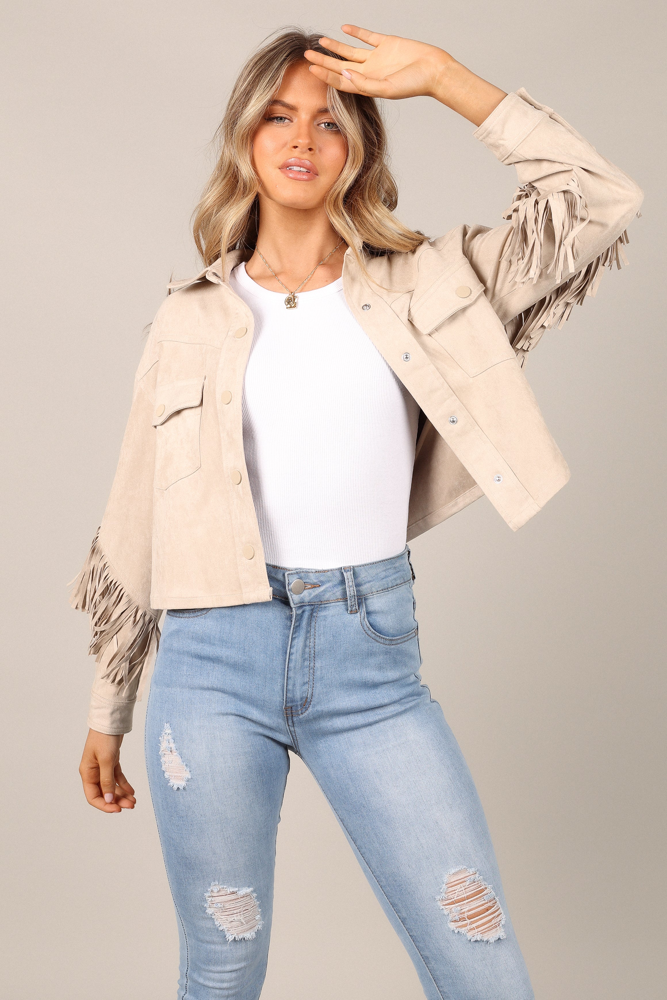Outerwear @Jenna Fringe Crop Jacket - Ivory