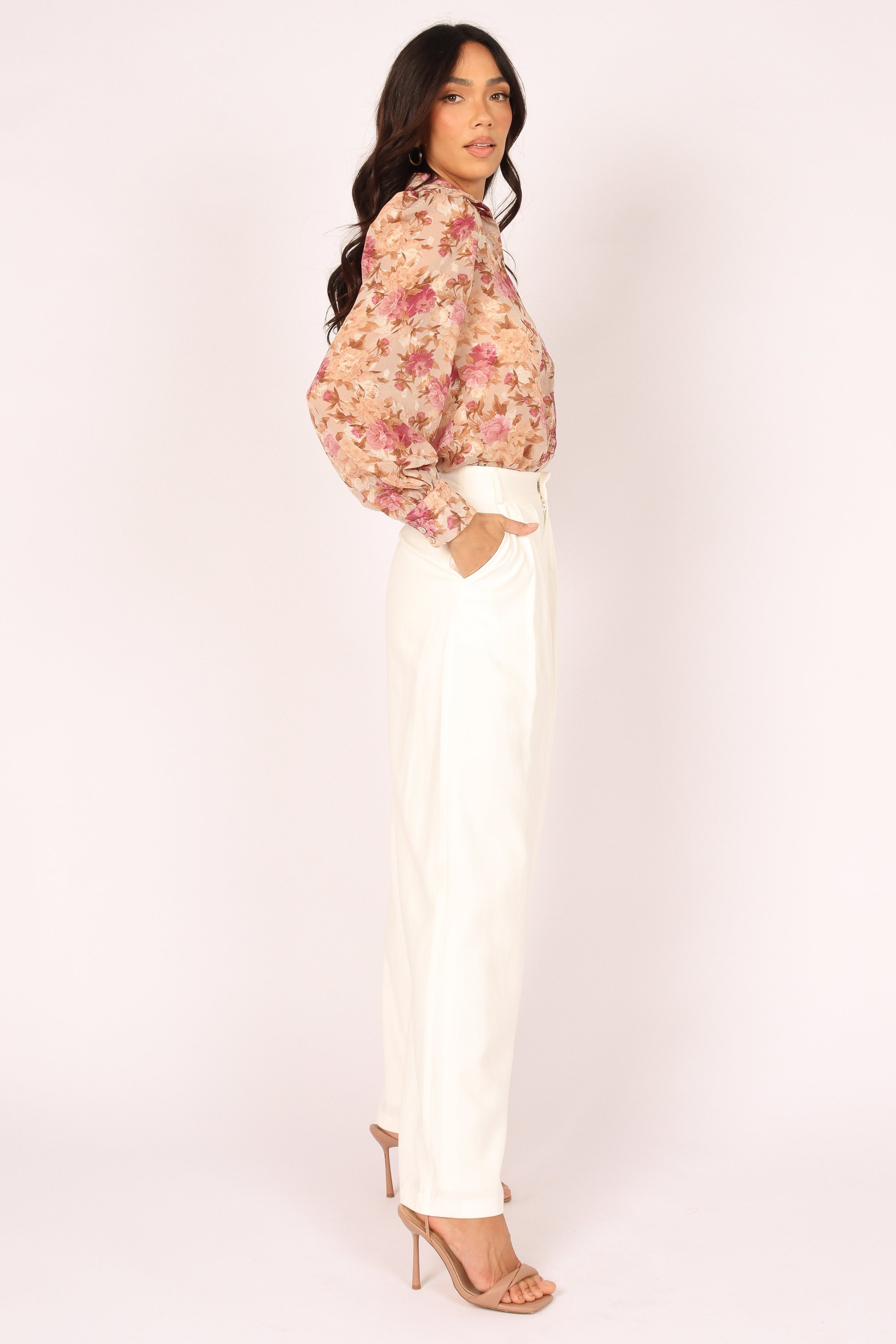 TOPS @Abbey Floral Button Front Top - Beige