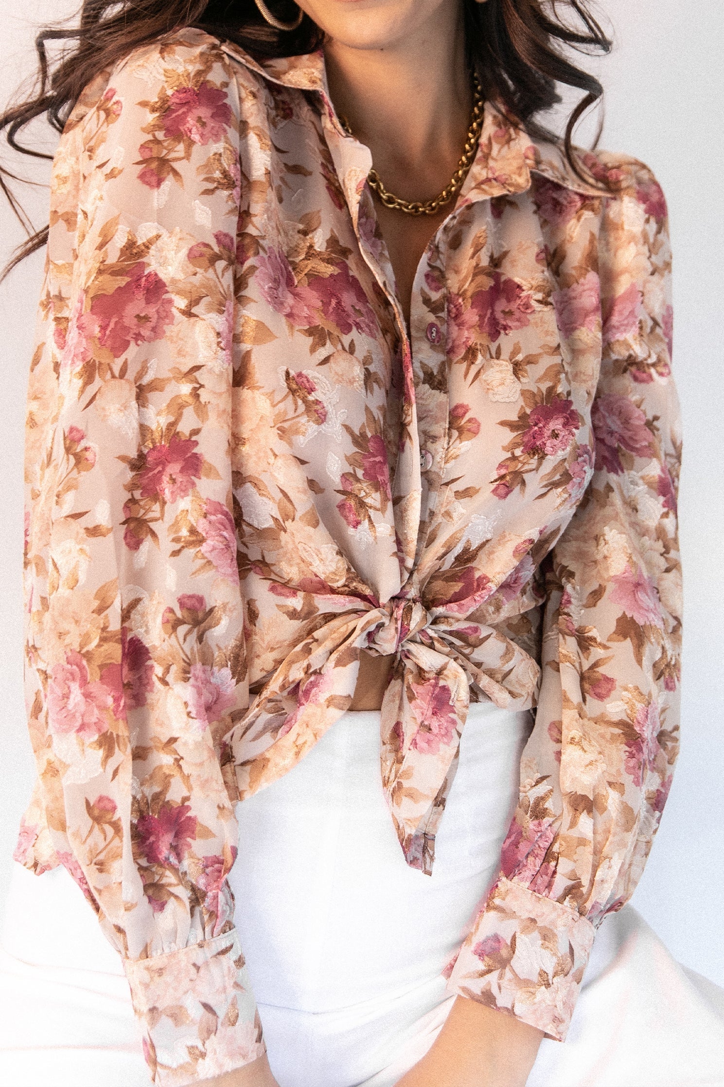 TOPS Abbey Floral Button Front Top - Beige