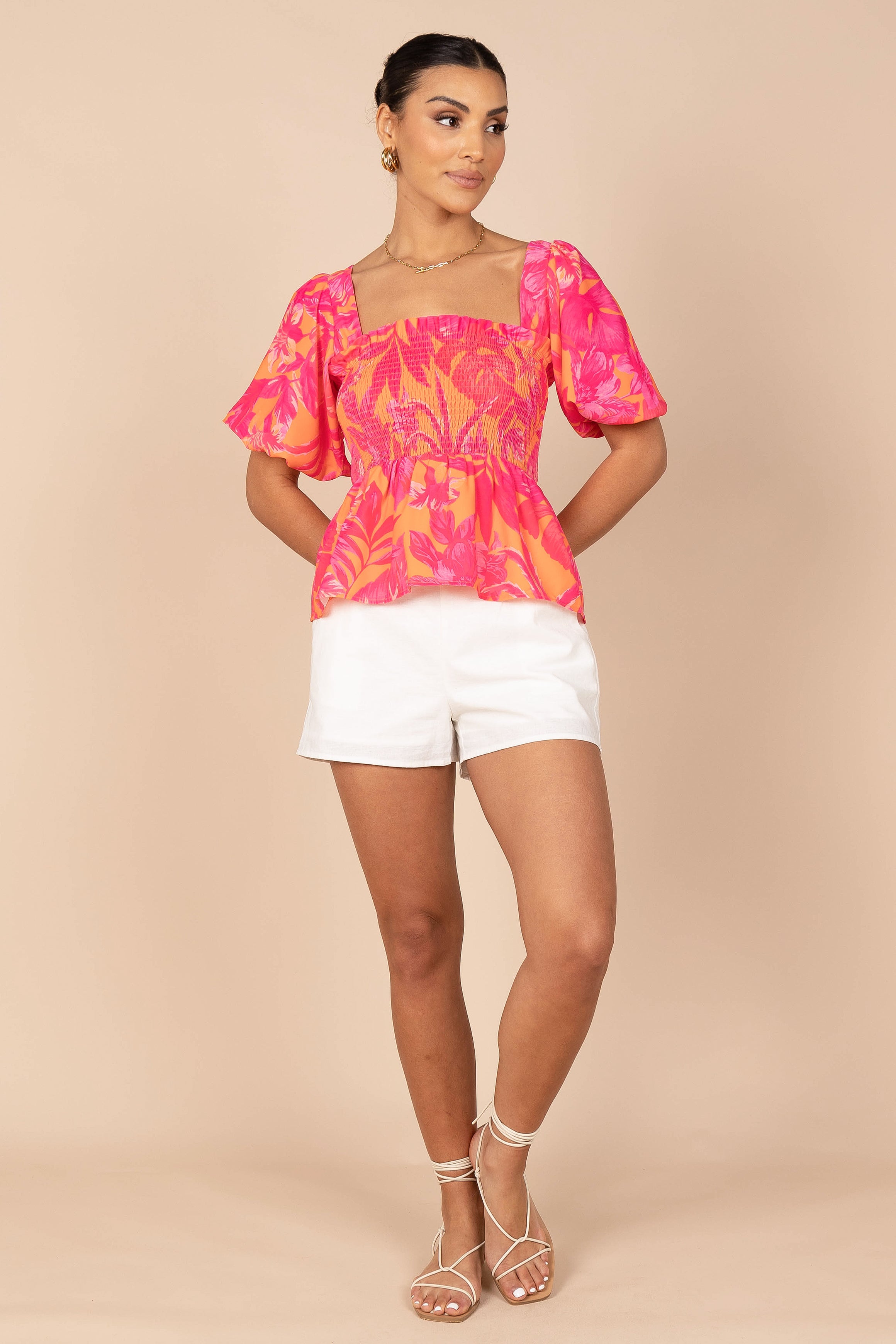 TOPS @Addison Peplum Top - Pink Tropics (waiting on bulk)