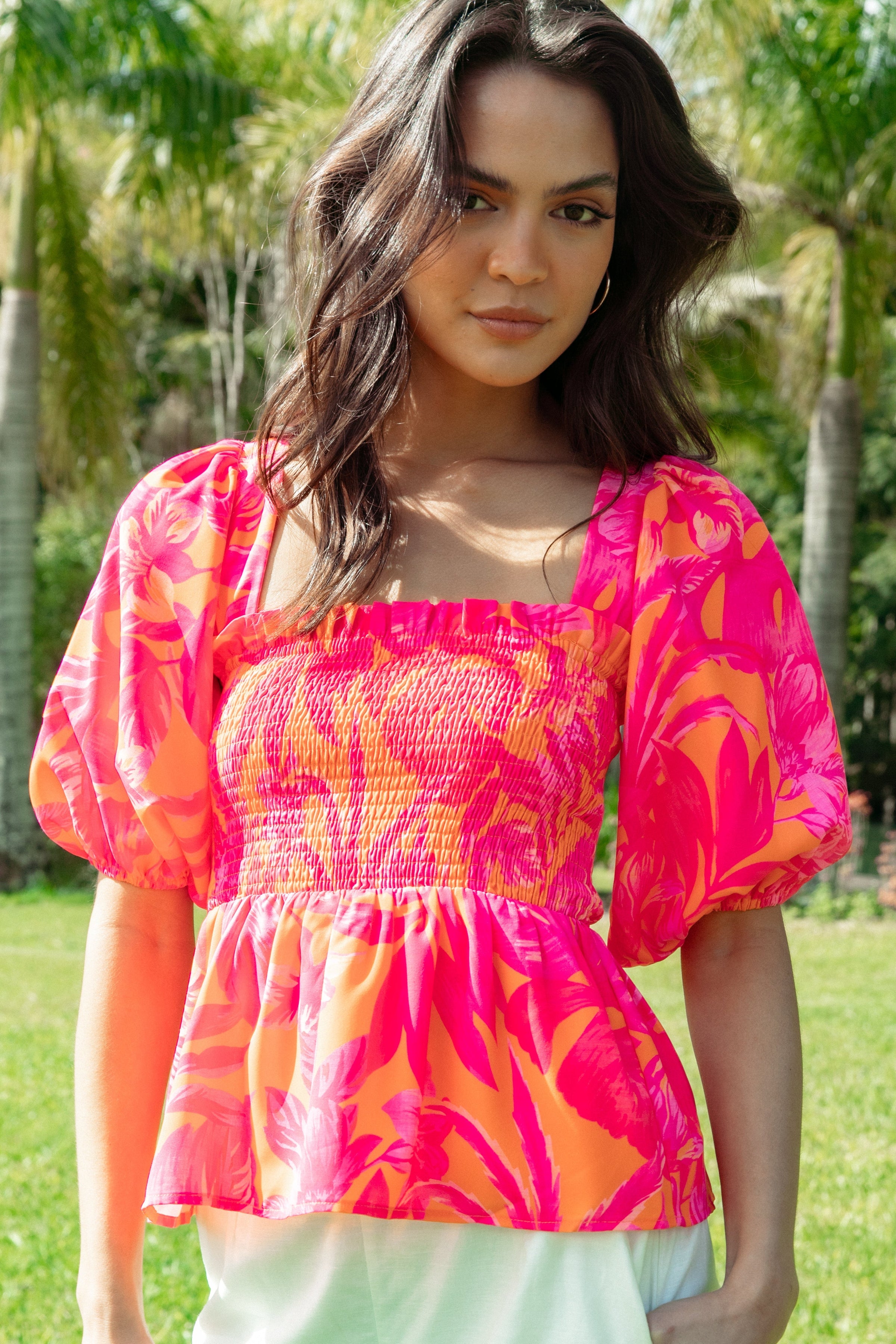 TOPS @Addison Peplum Top - Pink Tropics (waiting on bulk)