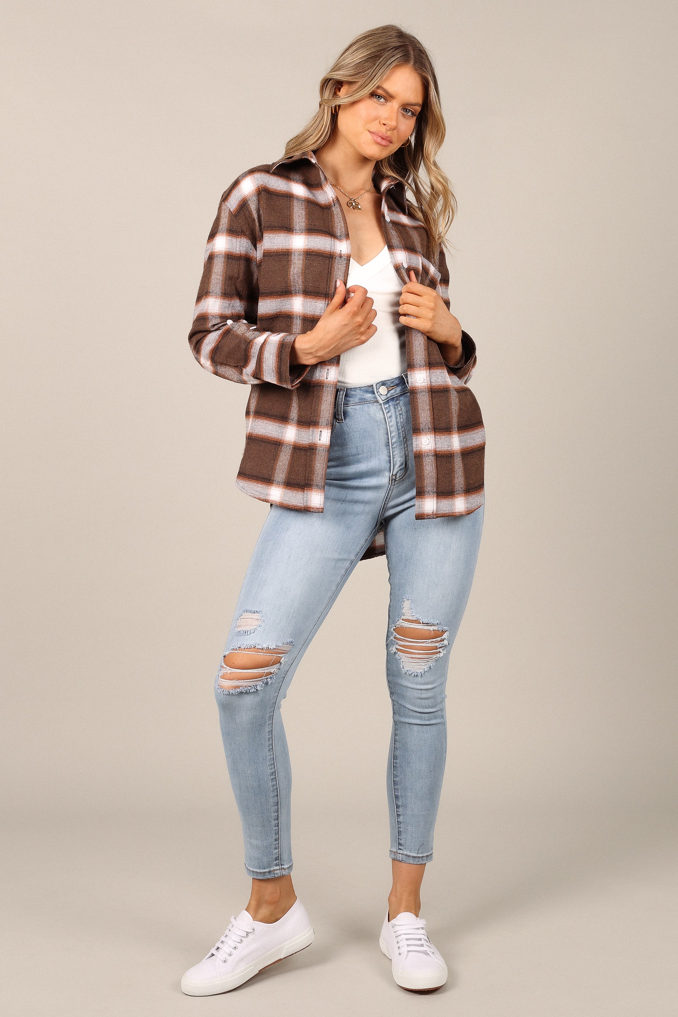 TOPS @Alannah Plaid Button Down Shirt - Brown