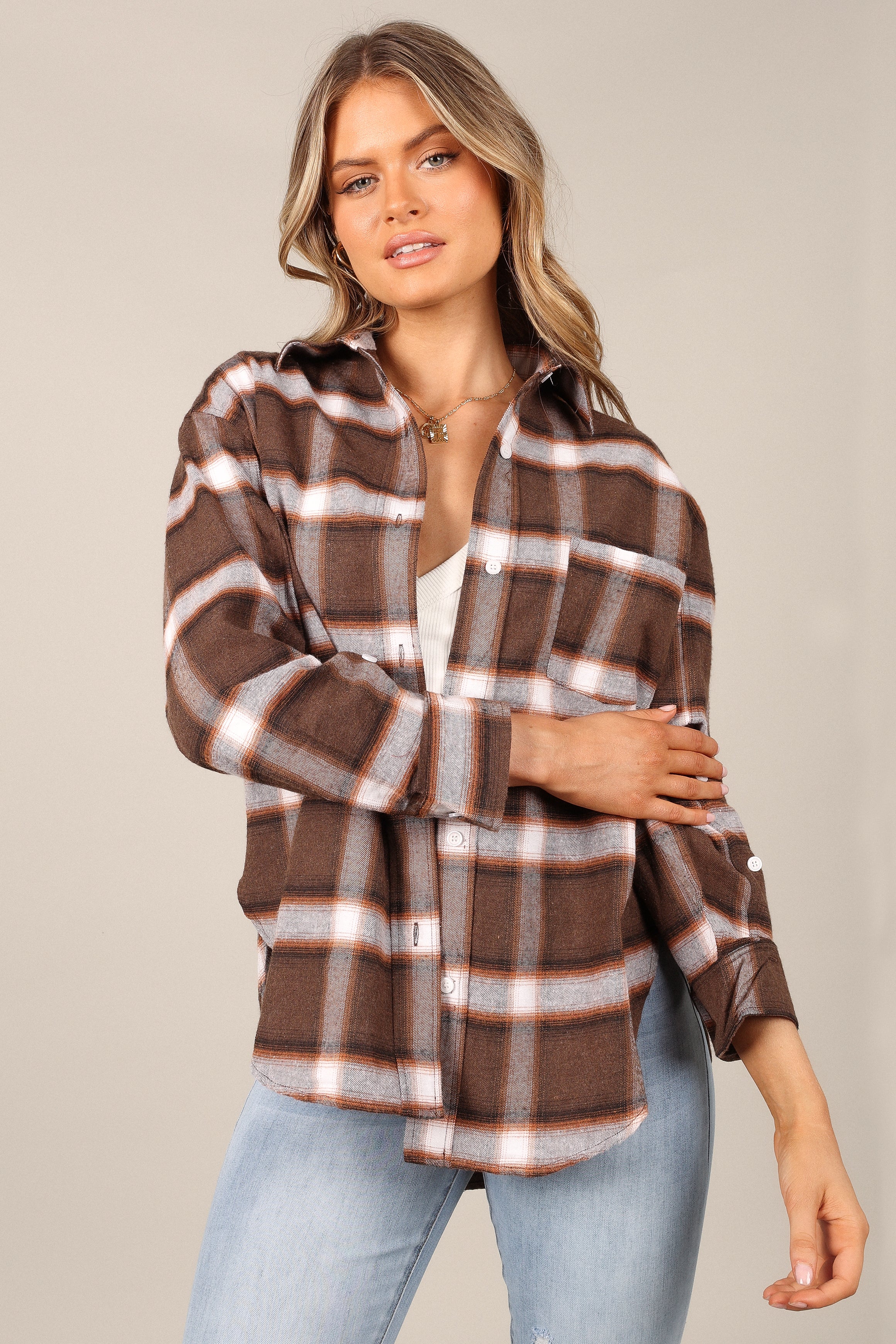 TOPS @Alannah Plaid Button Down Shirt - Brown