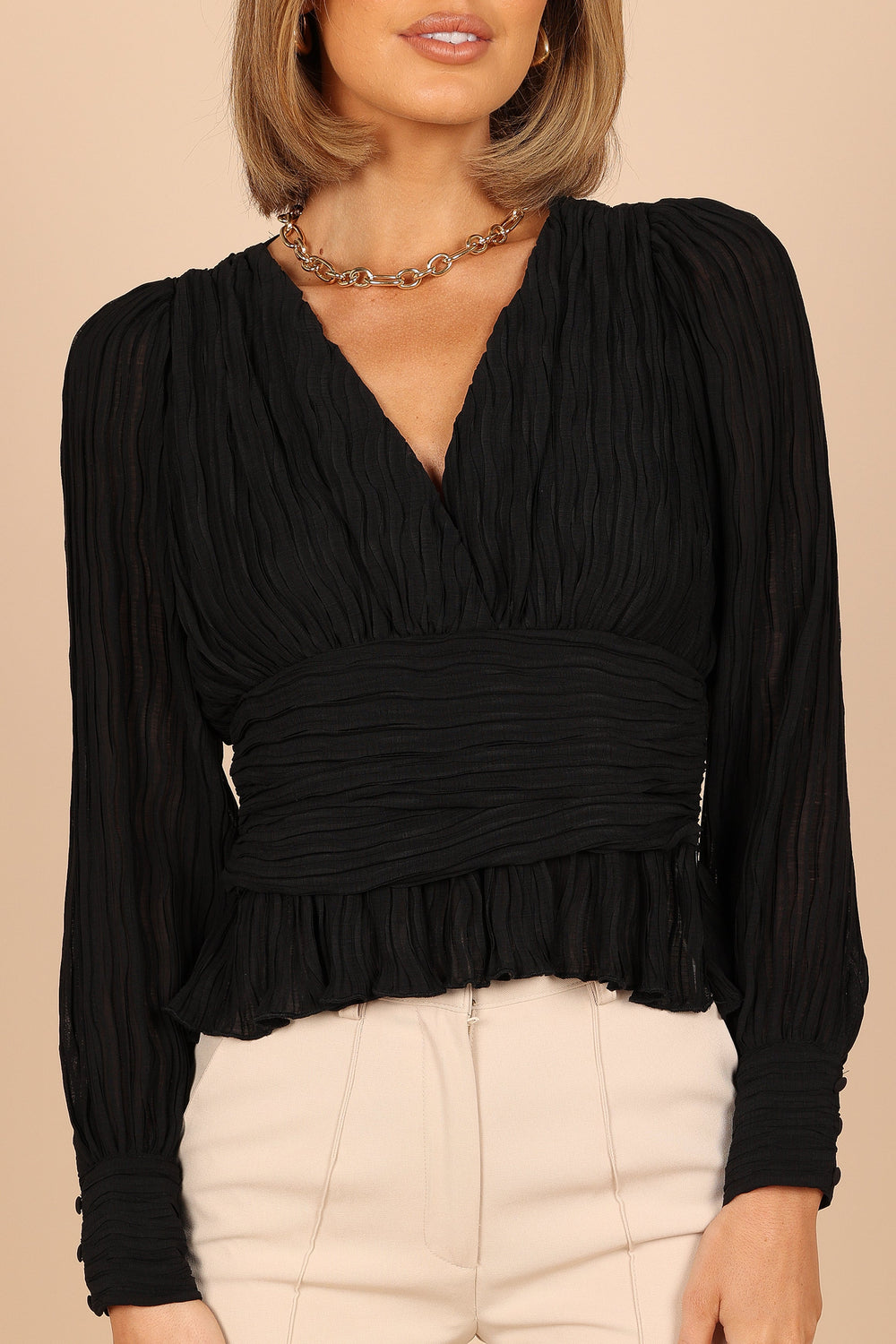Collective Tops - Delilah Pleated V Neck Top - Black secondary image