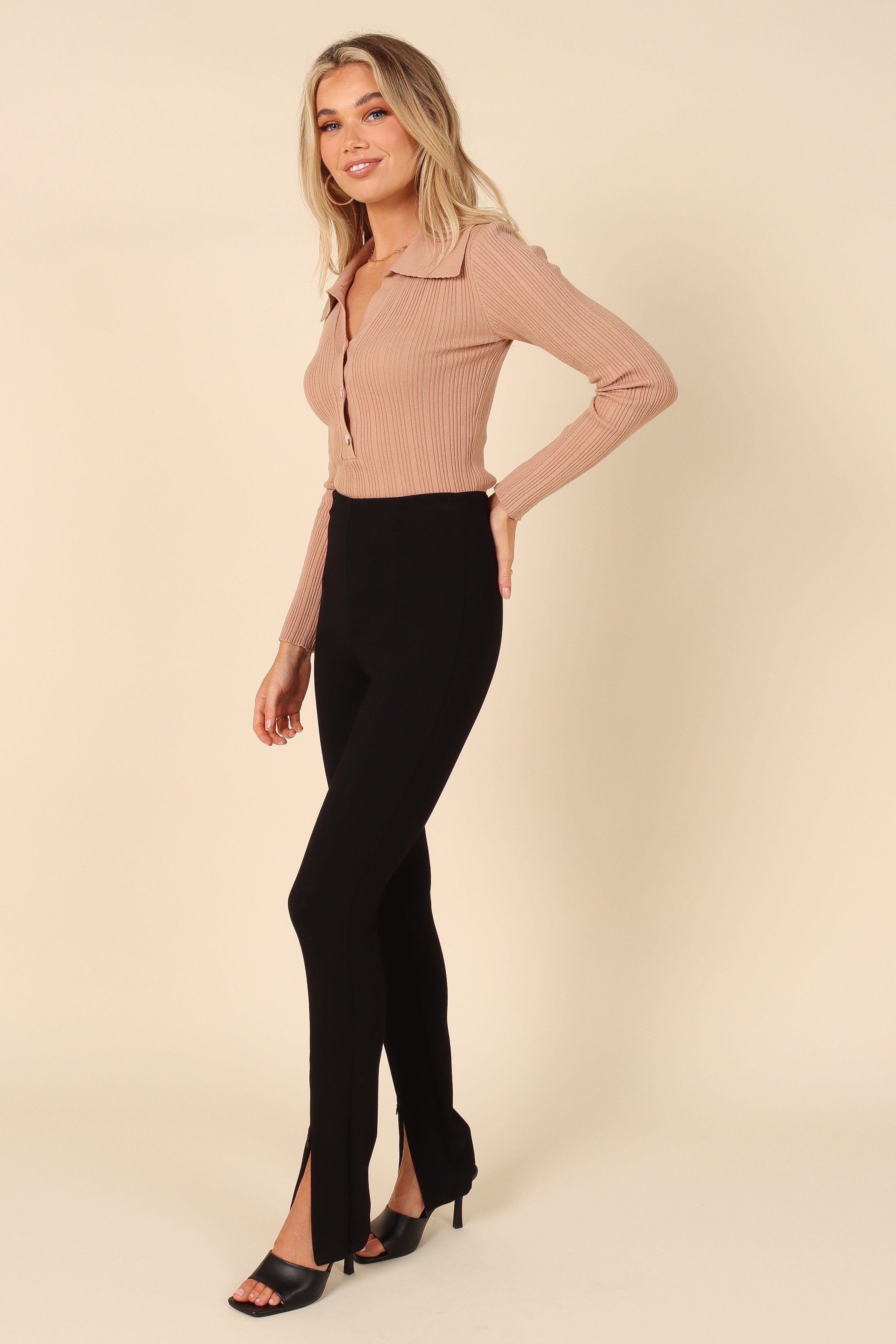 TOPS Miley V Neck Collared Knit Top - Beige