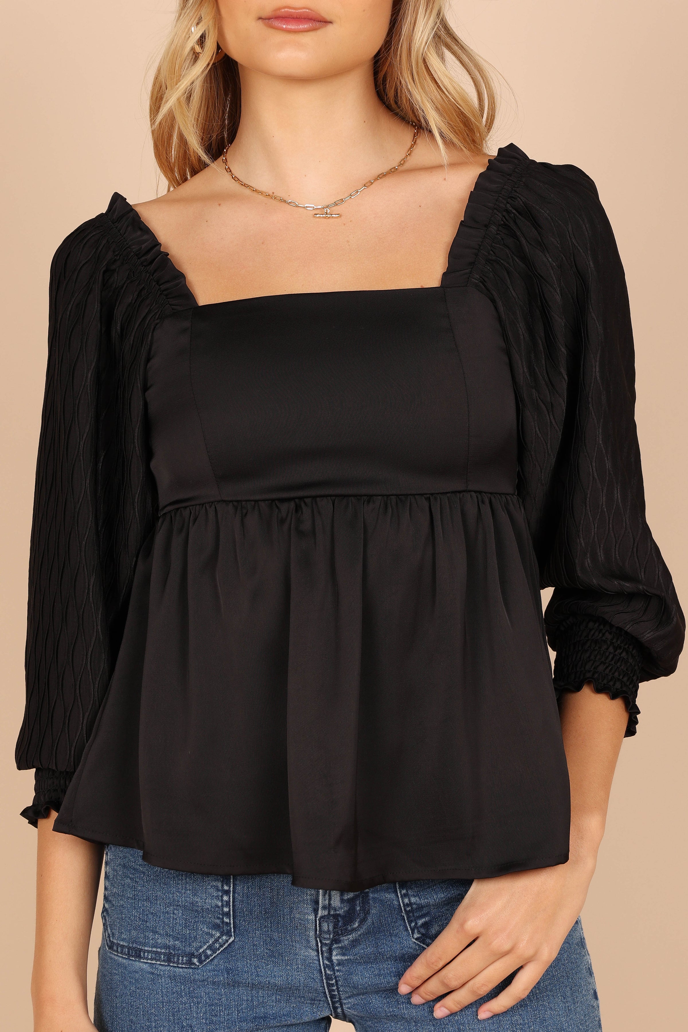 TOPS @Montana Satin Babydoll Top - Black