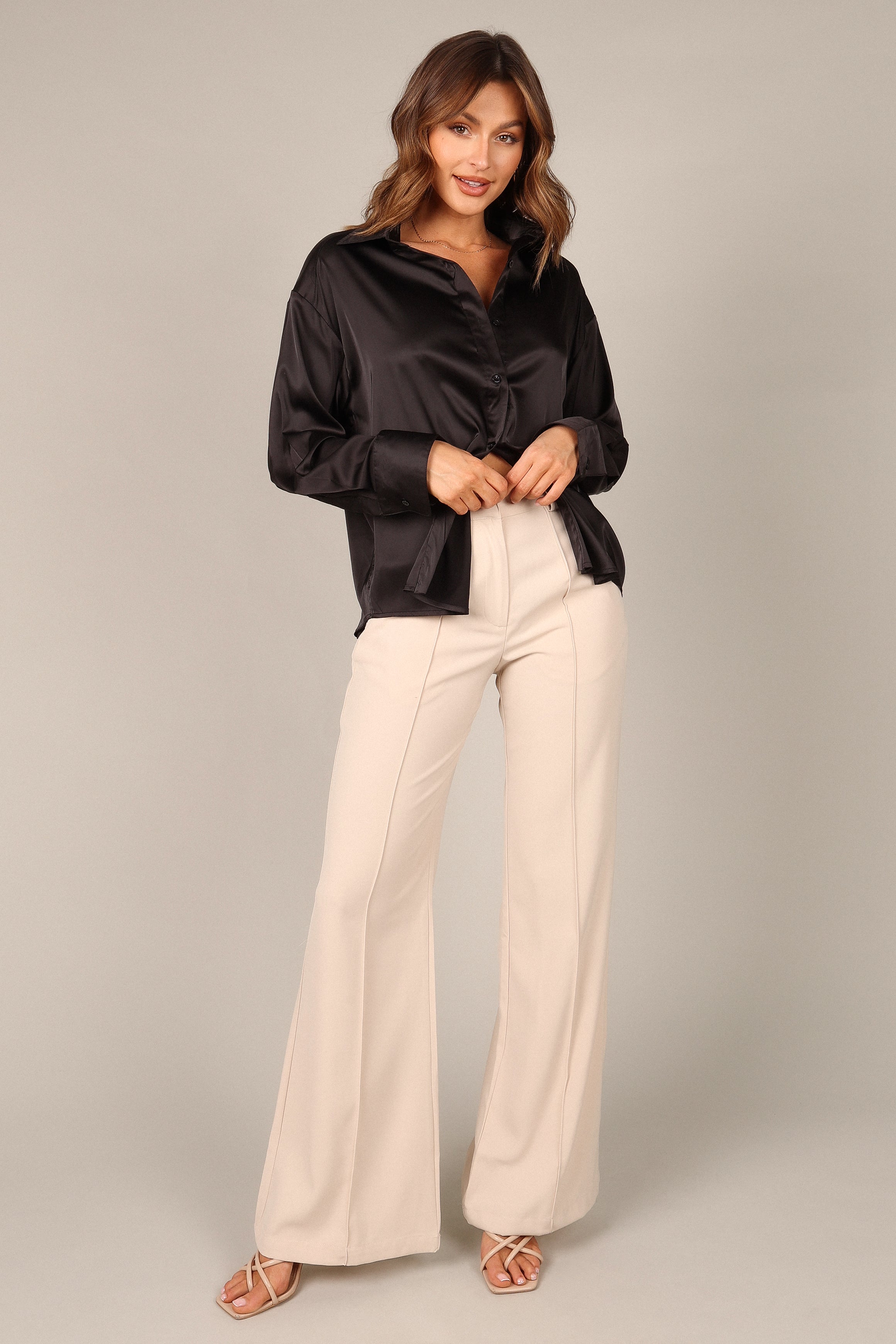 TOPS @Selena Satin Button Down Top - Black