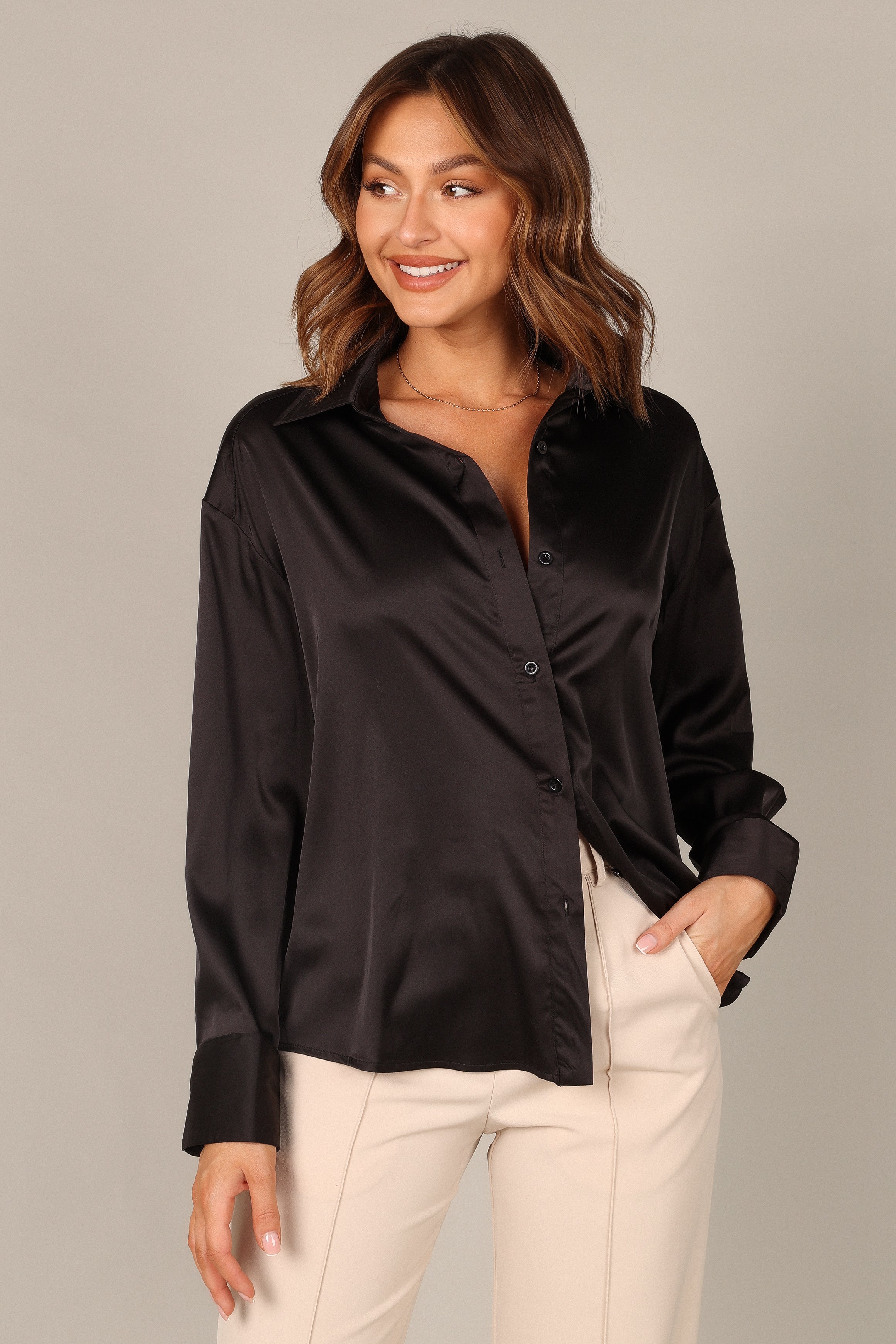 TOPS @Selena Satin Button Down Top - Black