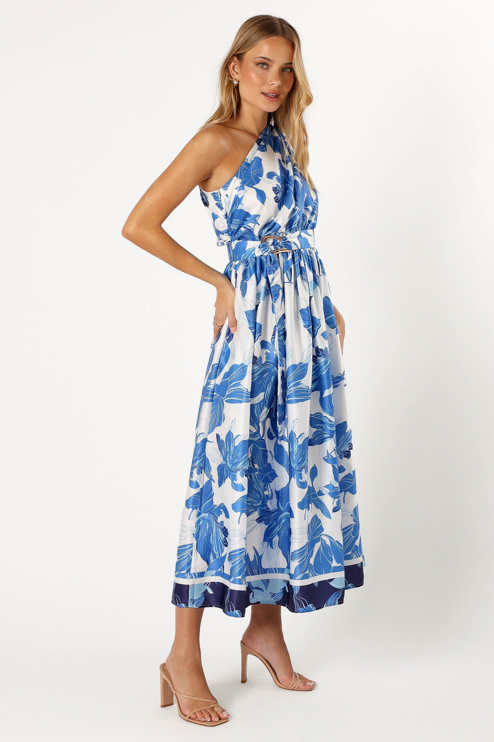 Naomi One Shoulder Midi Dress - Blue Floral