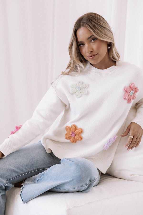 Ronnie Embroidered Flower Sweater - Cream