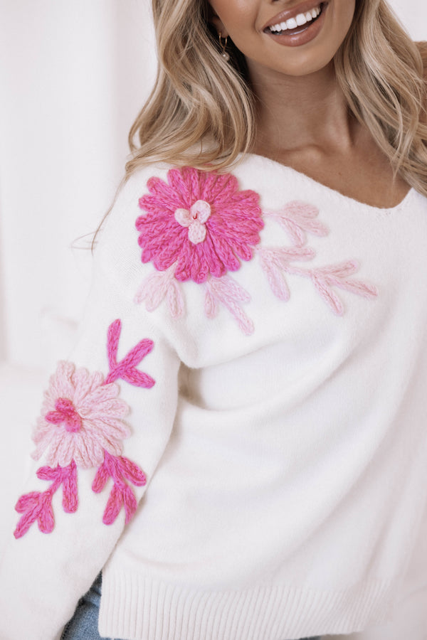 Celeste Embroidered Flower Knit Sweater - Cream/Pink