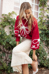 Mardi Large Bow Knit Sweater - Red/Cream