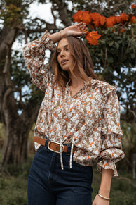 Selmah Long Sleeve Top - Cream Olive Orange