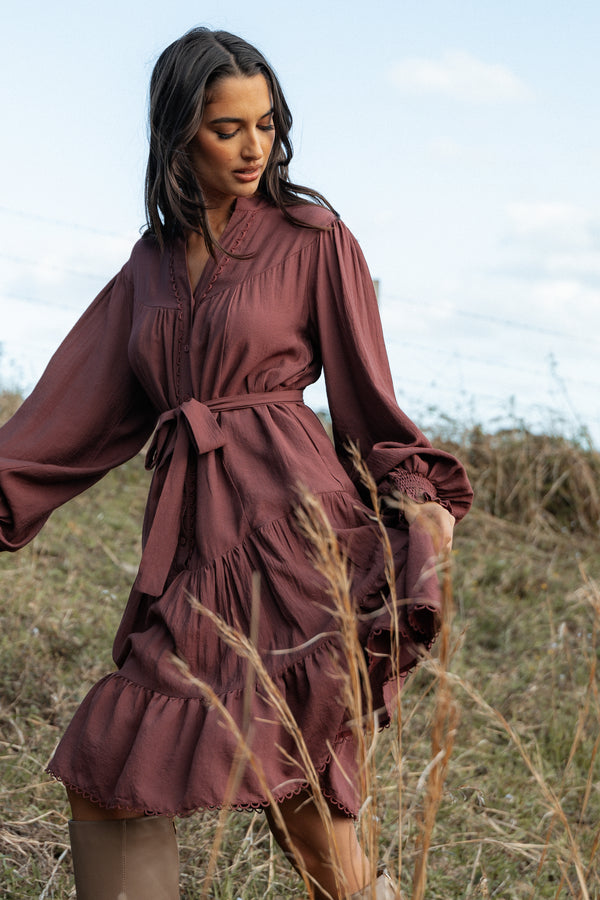 Pierce Long Sleeve Mini Dress - Dark Wine