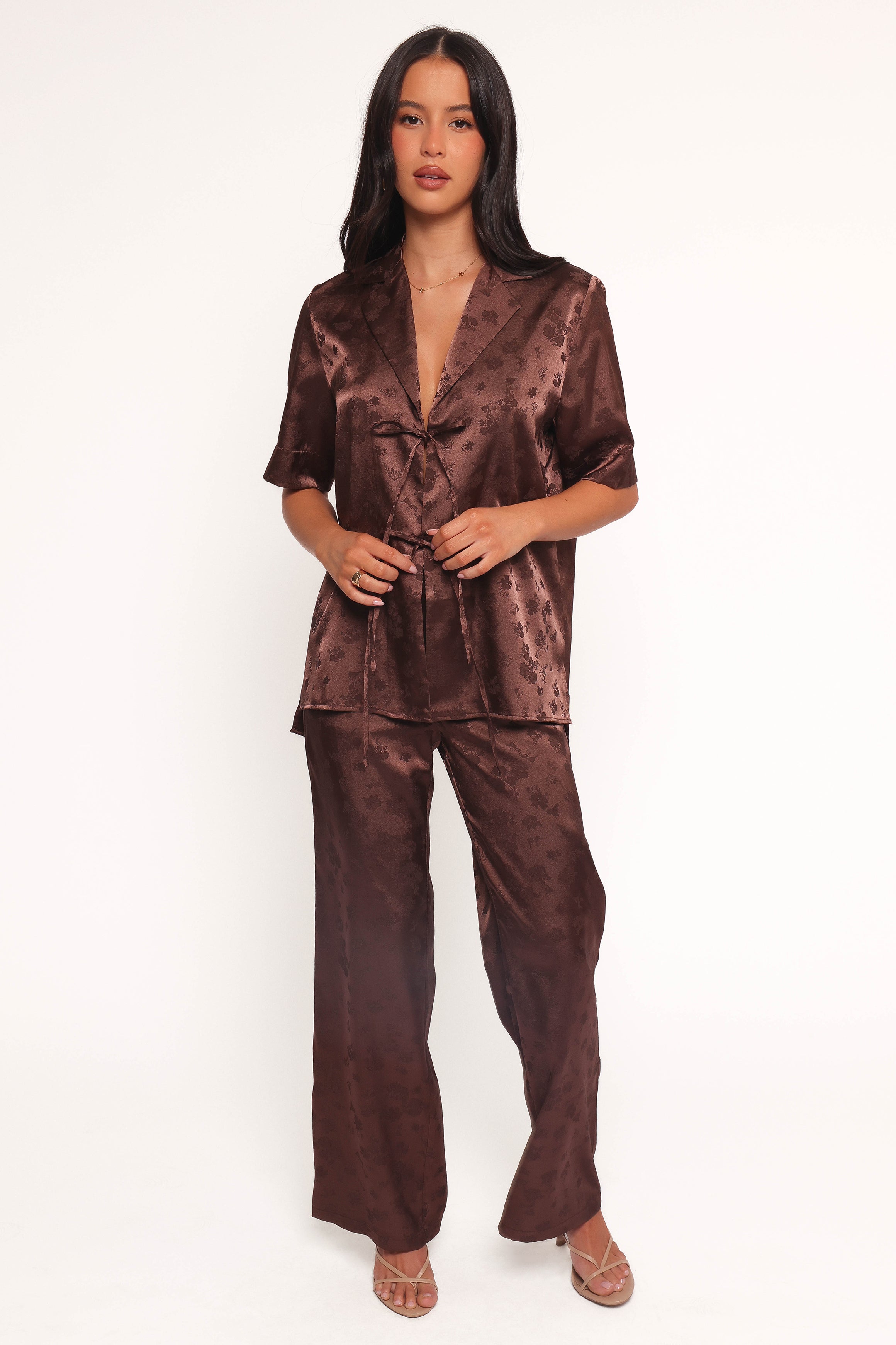 Aaliyah Satin Tie Front Top - Chocolate