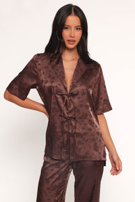 Aaliyah Satin Tie Front Top - Chocolate