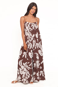 Abegail Flowy Jumpsuit - Brown Hibiscus