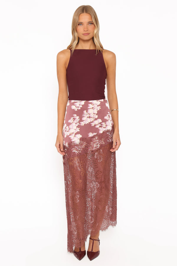 Ali Lace Trim Midi Skirt - Pink Rum Floral