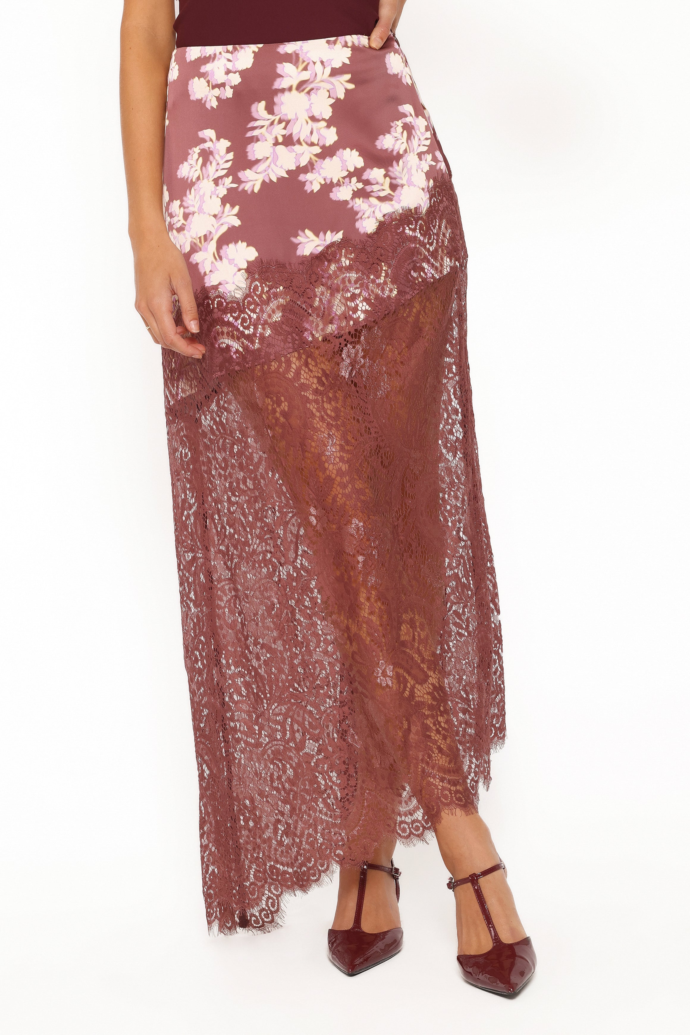 Ali Lace Trim Midi Skirt - Pink Rum Floral