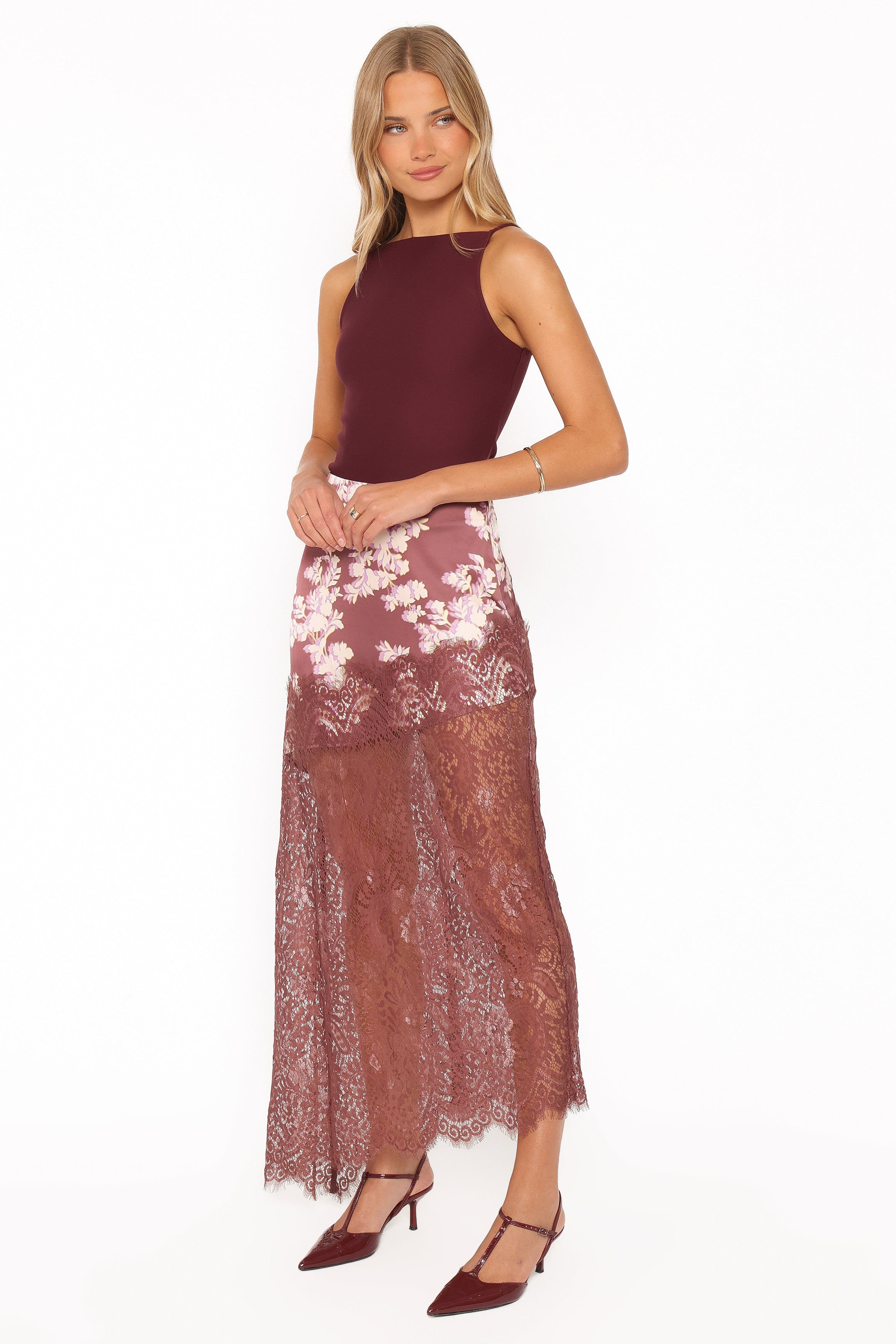 Ali Lace Trim Midi Skirt - Pink Rum Floral