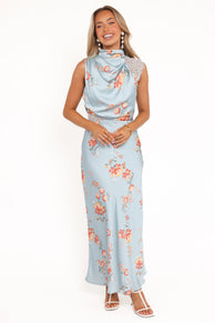 Anabelle Halter Neck Lace Maxi Dress - Blue Floral