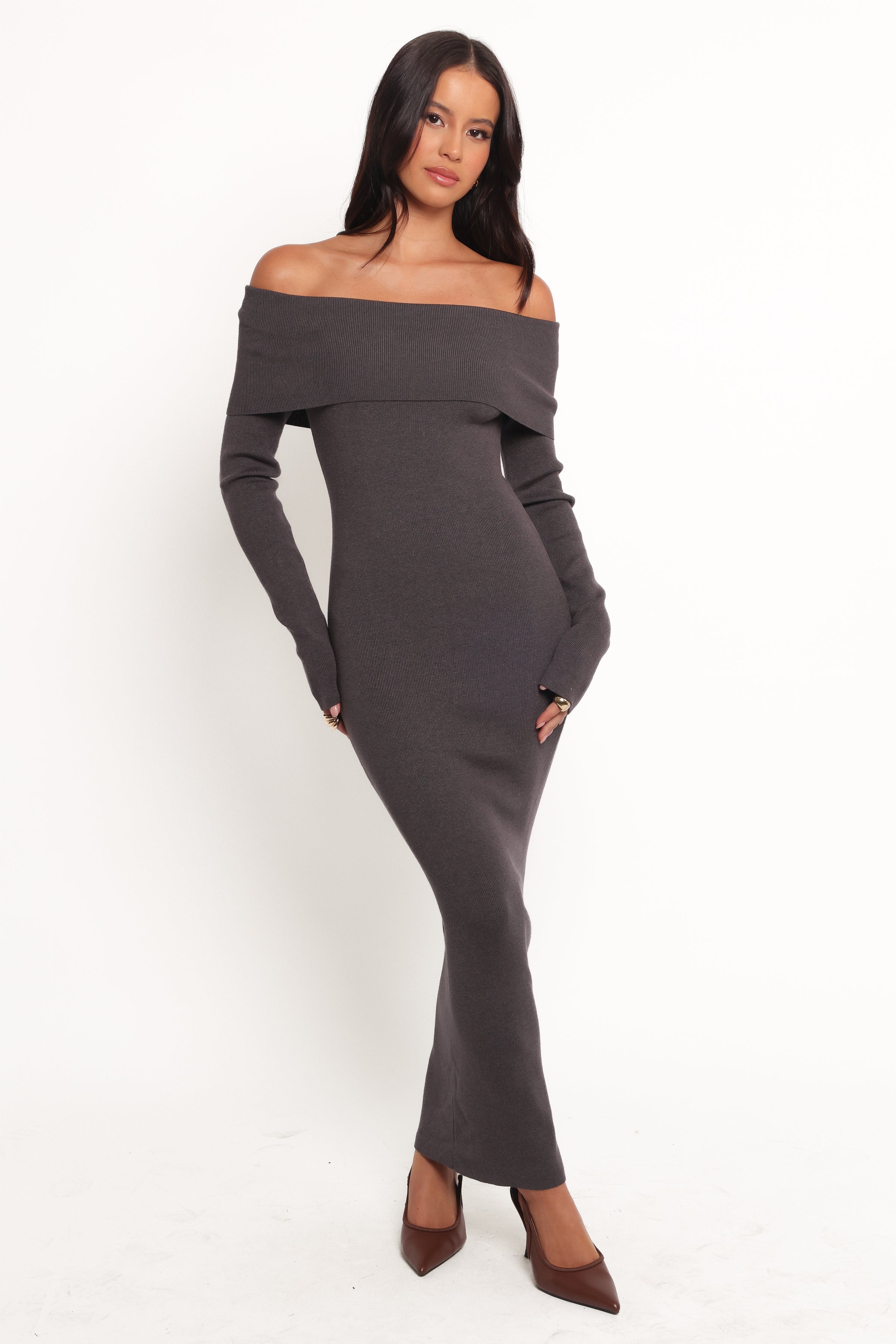 Archie Off The Shoulder Midi Dress - Heathered Charcoal