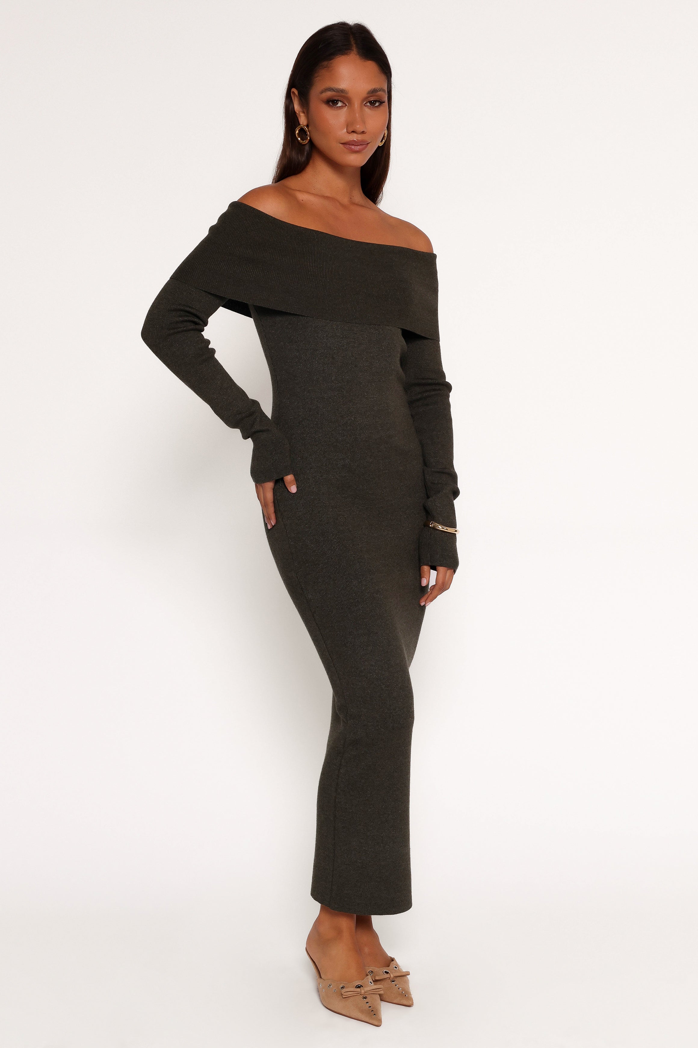Archie Off The Shoulder Midi Dress - Olive