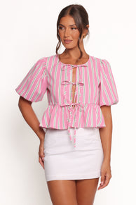 Ashton Tie Front Top - Pink Green Stripe