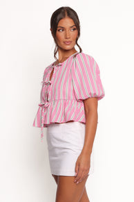 Ashton Tie Front Top - Pink Green Stripe