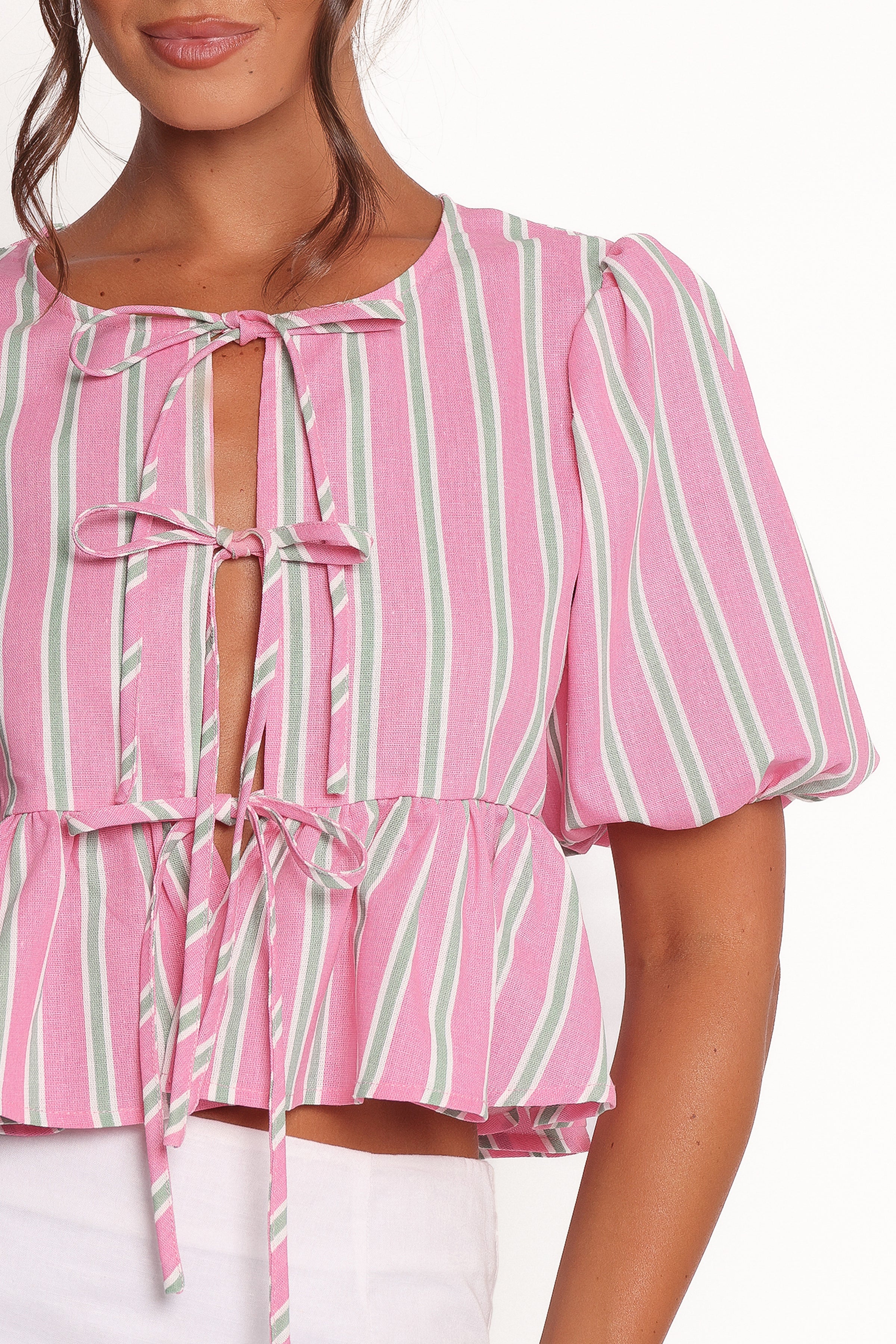 Ashton Tie Front Top - Pink Green Stripe