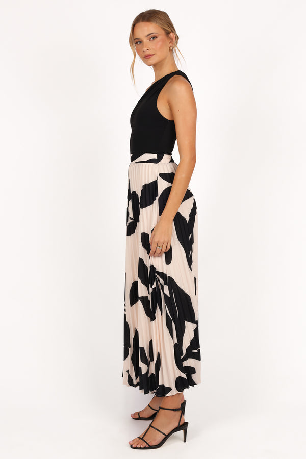 Aurora Pleated Maxi Skirt - Cream Black Floral