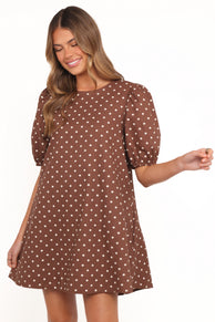 Avalyn Mini Dress - Brown Polka Dot