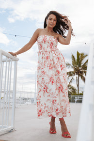 Avania Strapless Midi Dress - Red Floral