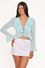 Aveline Chiffon Ruffle Front Top - Aqua