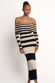 Banks Off Shoulder Knit Dress - Black Cream Stripe