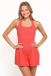 Briella Halter Neck Playsuit - Red White Polka Dot